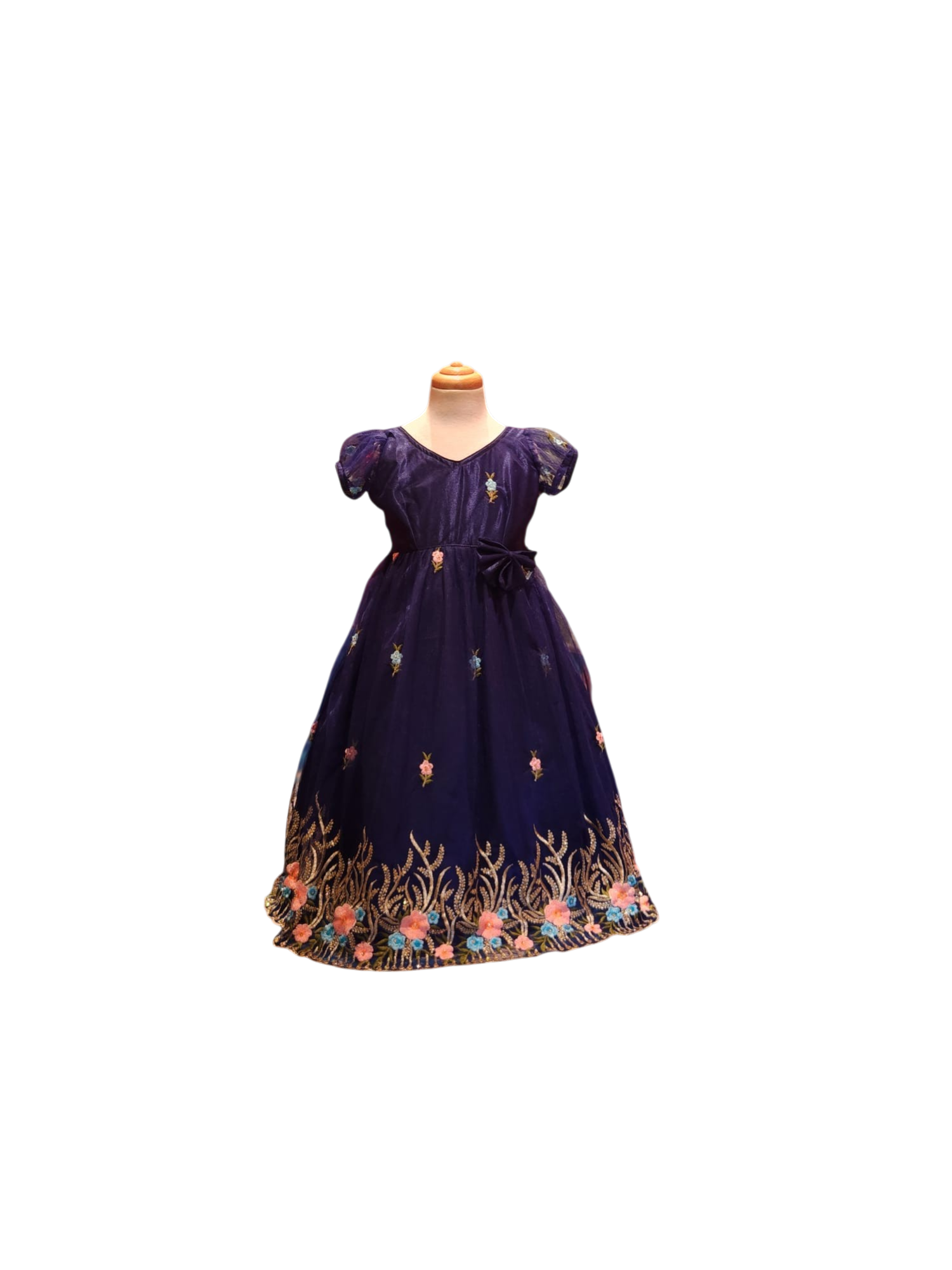 Girls Blue Floral Embroidered Dress