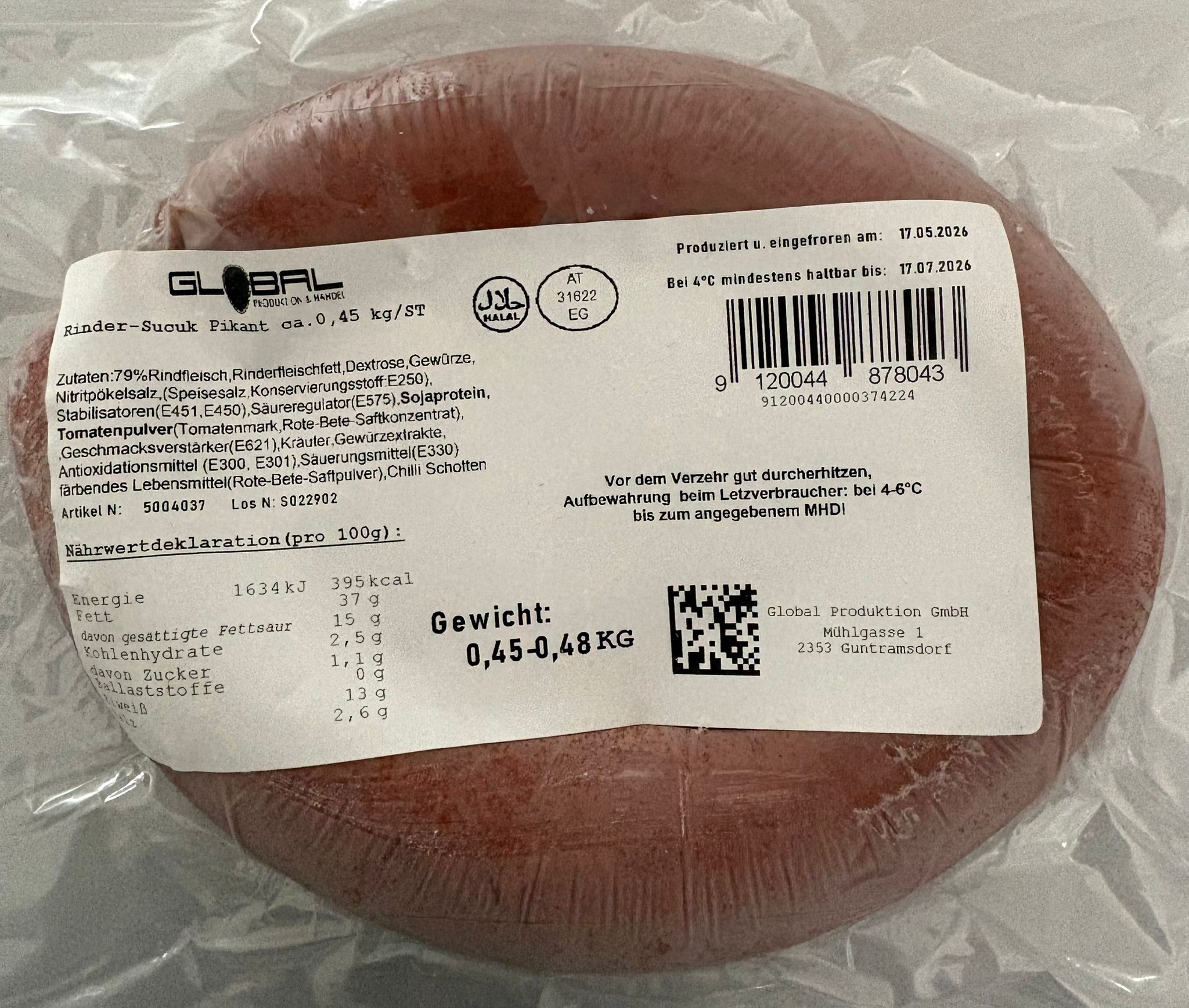 1016 Rind-Sucuk Pikant ca. 450g/Stk.