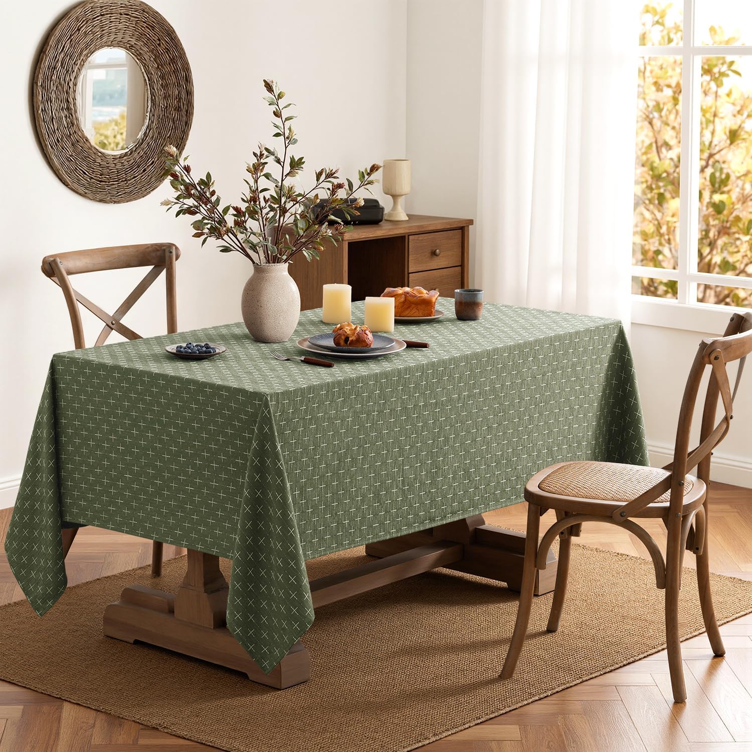 Olive Green Linen Table Cloth Rectangle Tablecloth Waterproof Spring Spillproof Cross-Star Textured Table Cloth, Decorative Rustic Farmhouse Style for Dining/Party/Buffet/Wedding,60x84 Inch