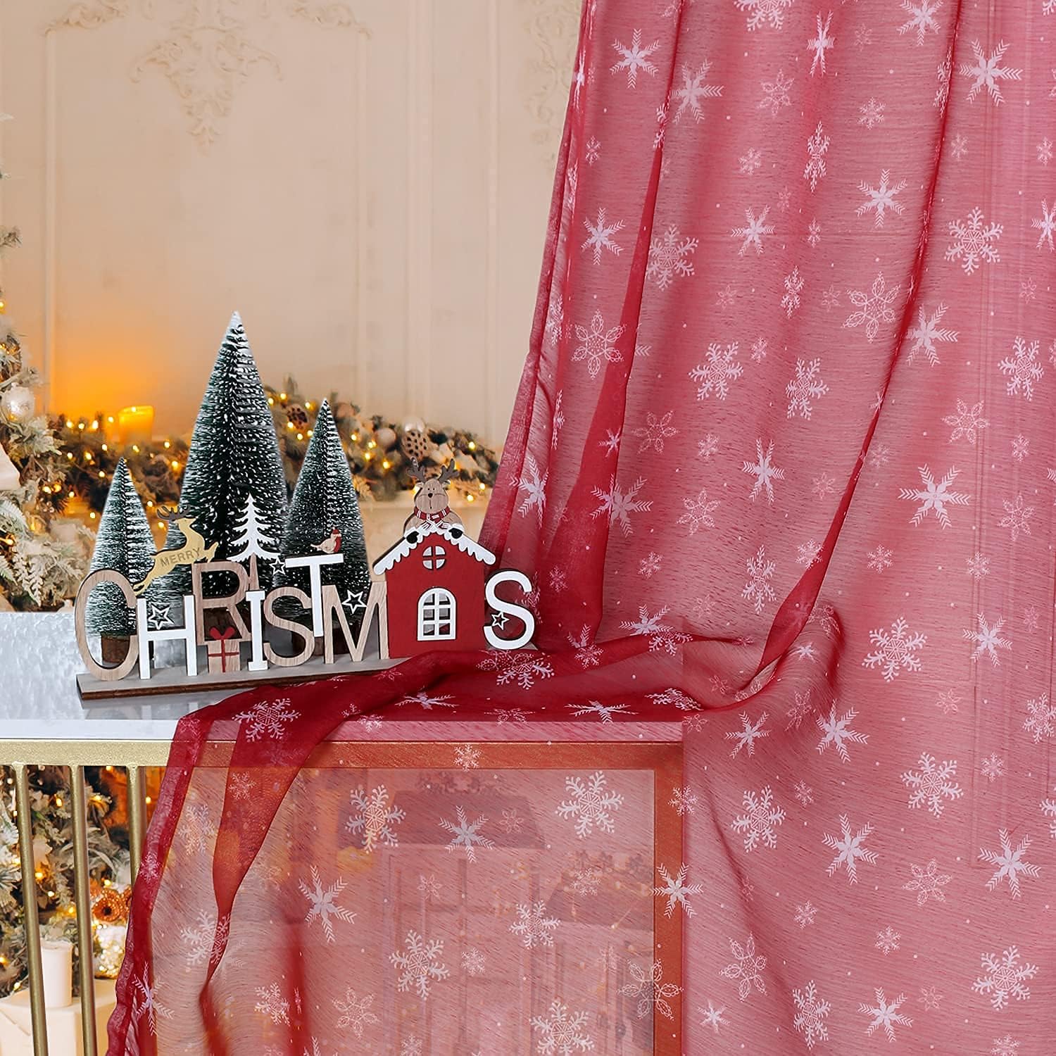 Christmas Sheer Curtains for Living Room Snowflake Christmas Kitchen Sheer Curtains Christmas Decorations Red White Sheer Curtains for Bedroom Window Drapes 52x84