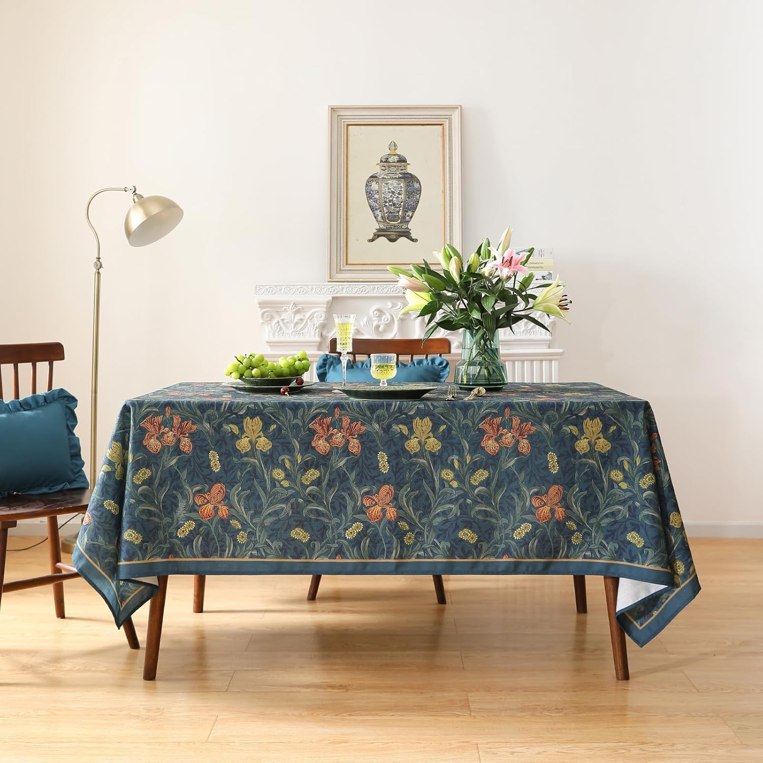 Designer Dark Blue Linen Rectangle Tablecloth,Vintage French Rustic Floral Pattern Tablecloths,Decorative Table Cover Cloth for Kitchen,Dining,Tea Party,Home,Christmas,55"*71"