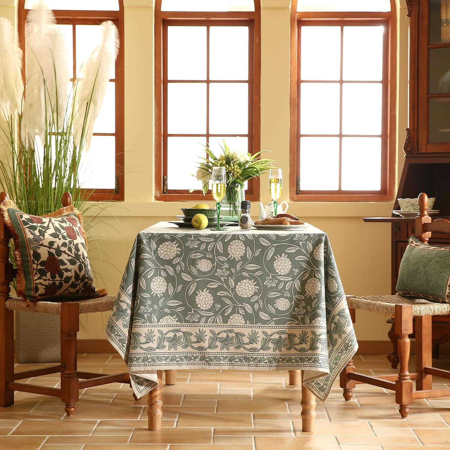 Designer Grayish Green Linen Small Tablecloth Rectangular,Floral Stain Resistant Table Cloth,Fall Vintage Decor Tablecloths for Dining Thanksgiving Kitchen Party,55"*71"-Andrew A