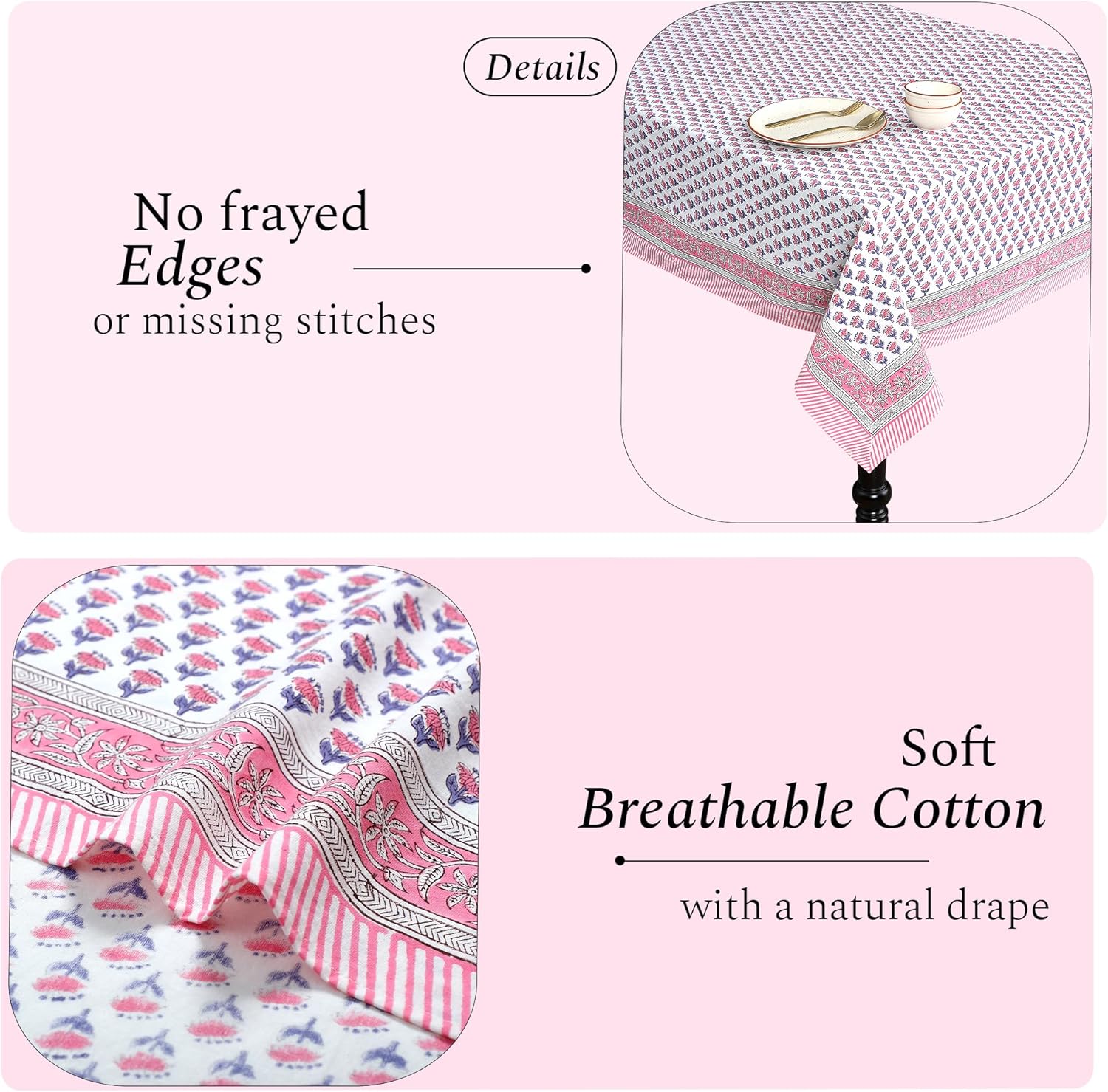 Tablecloth 100% Cotton 60x60 Inch Indian Block Print Square Table Cover, Table Cloth for Weddings, Spring/Summer, Barbeque - Pink Sapphire