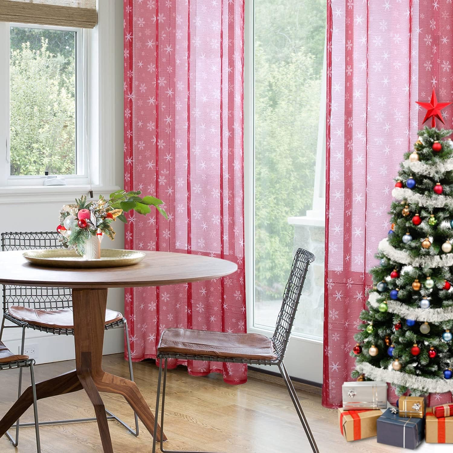 Christmas Sheer Curtains for Living Room Snowflake Christmas Kitchen Sheer Curtains Christmas Decorations Red White Sheer Curtains for Bedroom Window Drapes 52x84