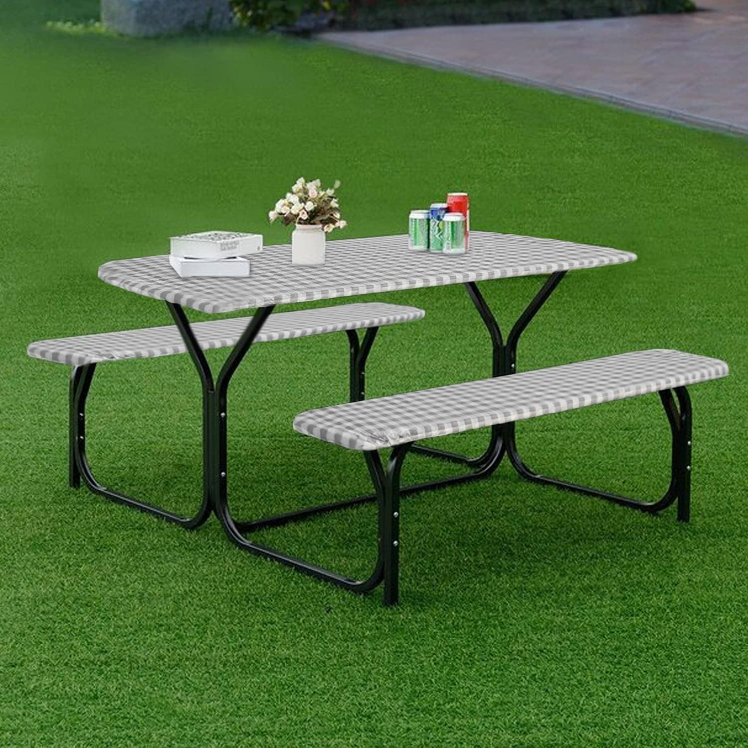 Checkered Picnic Table Cover Waterproof Outdoor Table Cover with Bench Covers 3pcs, Vinyl Fitted Flannel Backing Tablecloth 30"x72" for Picnics, Party, Folding Table, Silver Grey