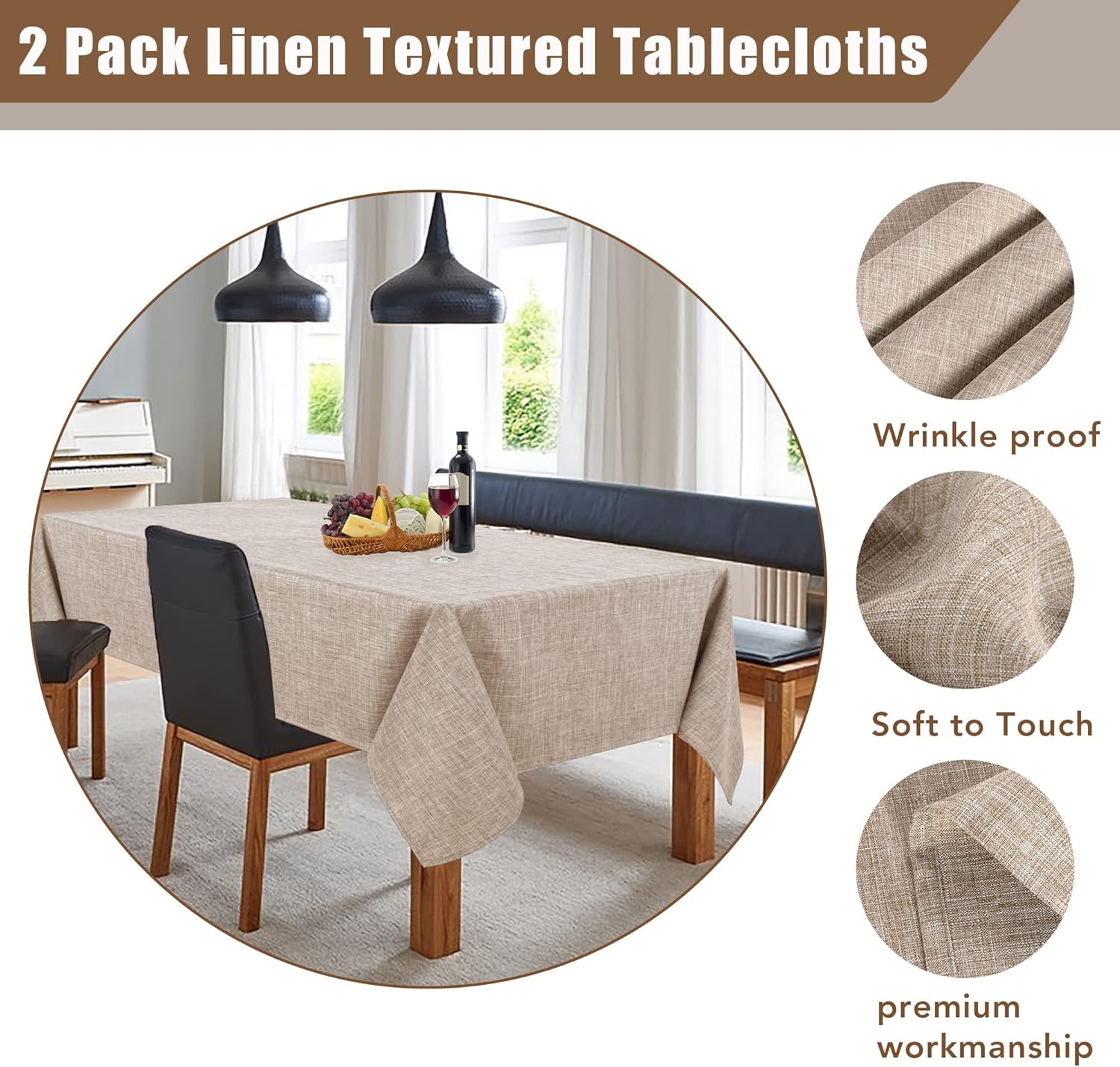 Nature Faux Linen Tablecloths Rectangle 60 x 84 Inch - 2 Pack Neutral Table Clothes for 4-6 Foot Tables, Wrinkle-Proof Faux Burlap Table Cover for Dining, Farmhouse, Outdoor Picnic, Camping