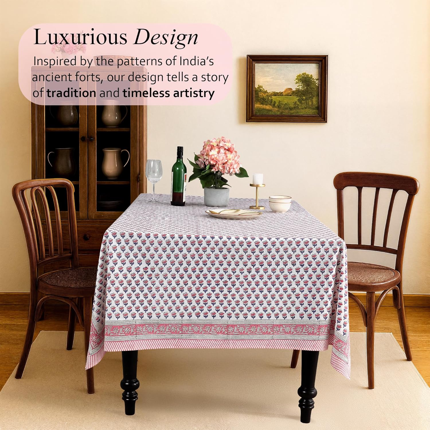 Tablecloth 100% Cotton 60x60 Inch Indian Block Print Square Table Cover, Table Cloth for Weddings, Spring/Summer, Barbeque - Pink Sapphire