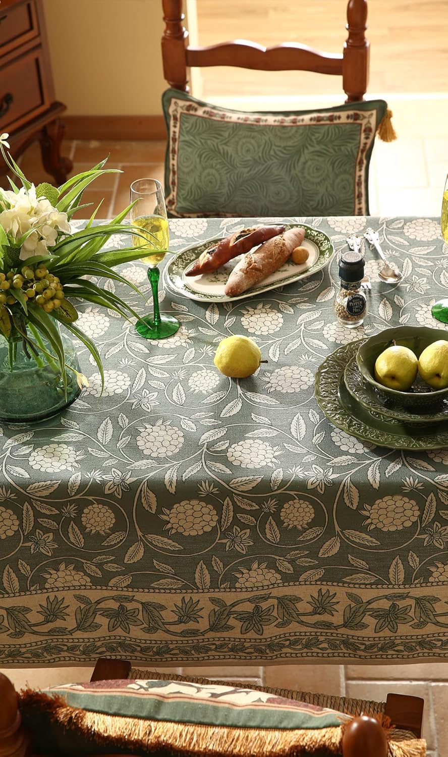 Designer Grayish Green Linen Small Tablecloth Rectangular,Floral Stain Resistant Table Cloth,Fall Vintage Decor Tablecloths for Dining Thanksgiving Kitchen Party,55"*71"-Andrew A