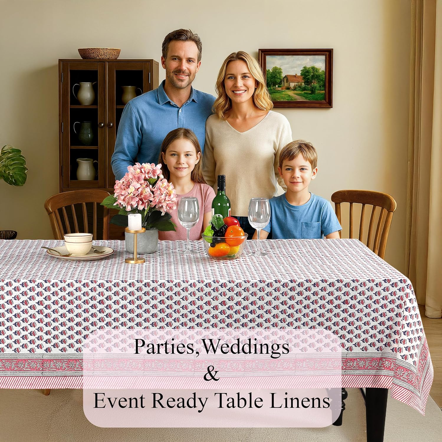 Tablecloth 100% Cotton 60x60 Inch Indian Block Print Square Table Cover, Table Cloth for Weddings, Spring/Summer, Barbeque - Pink Sapphire