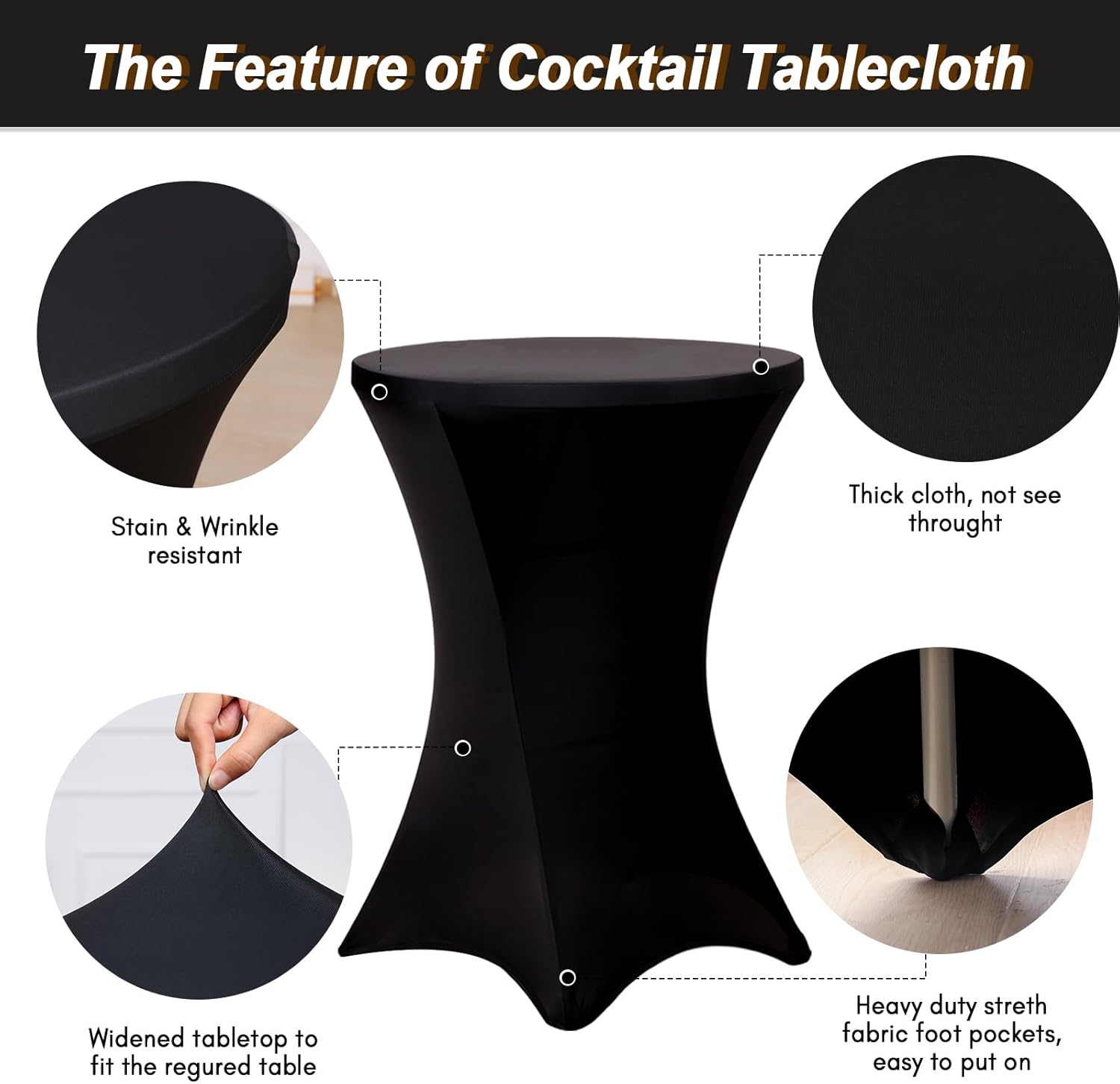 4 Pack Spandex Cocktail Table Covers, 32x43 Inch Black Fitted Stretch Highboy Round Cover Table Cloth for Party, Bar, Pub, Wedding, Banquet