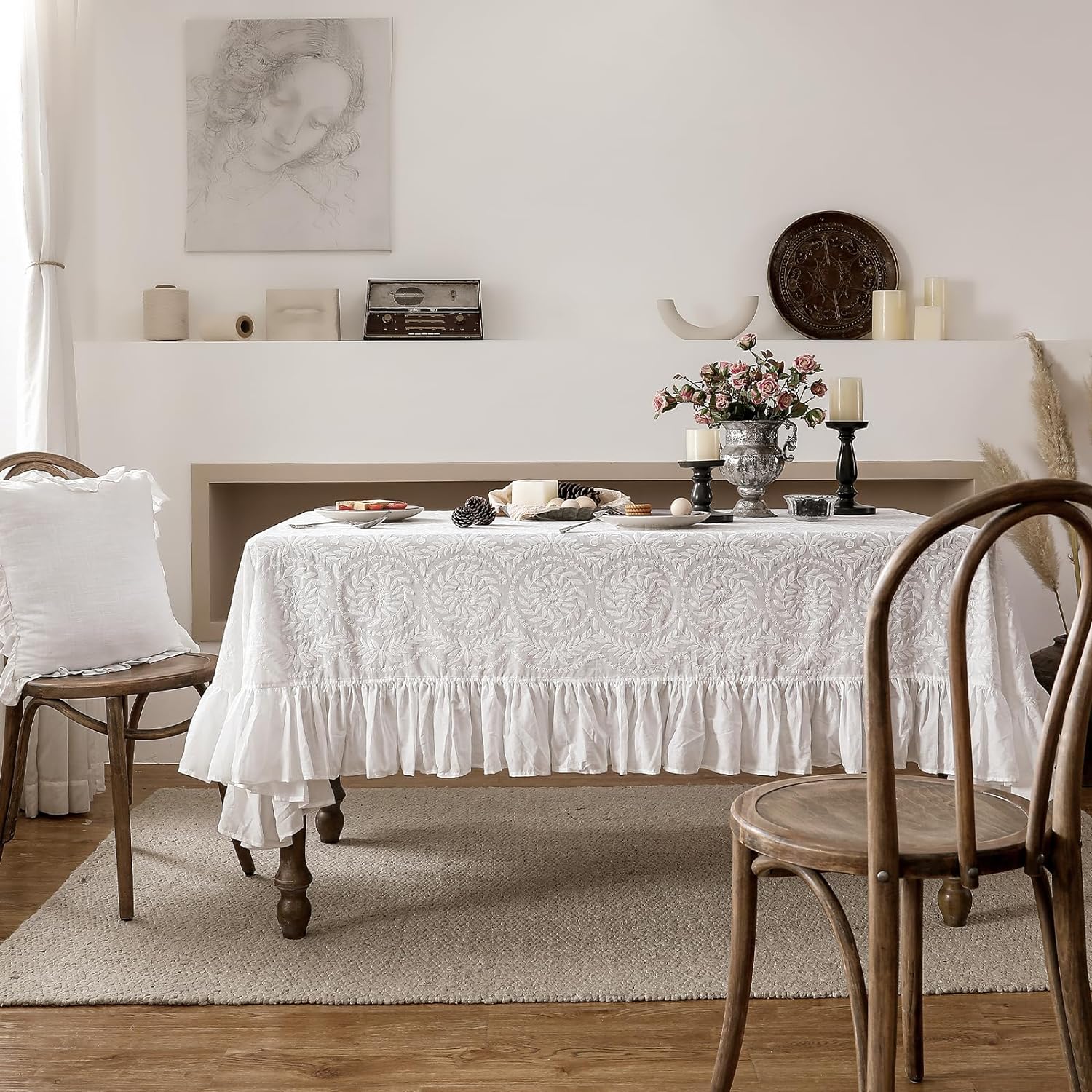 Vintage Ruffle Tablecloth for Rectangle Tables,Farmhouse Embroidered Cotton White Lace Table Cloth Cover Decor for Dining Room Wedding Banquet Thanksgiving Christmas,63"*98"