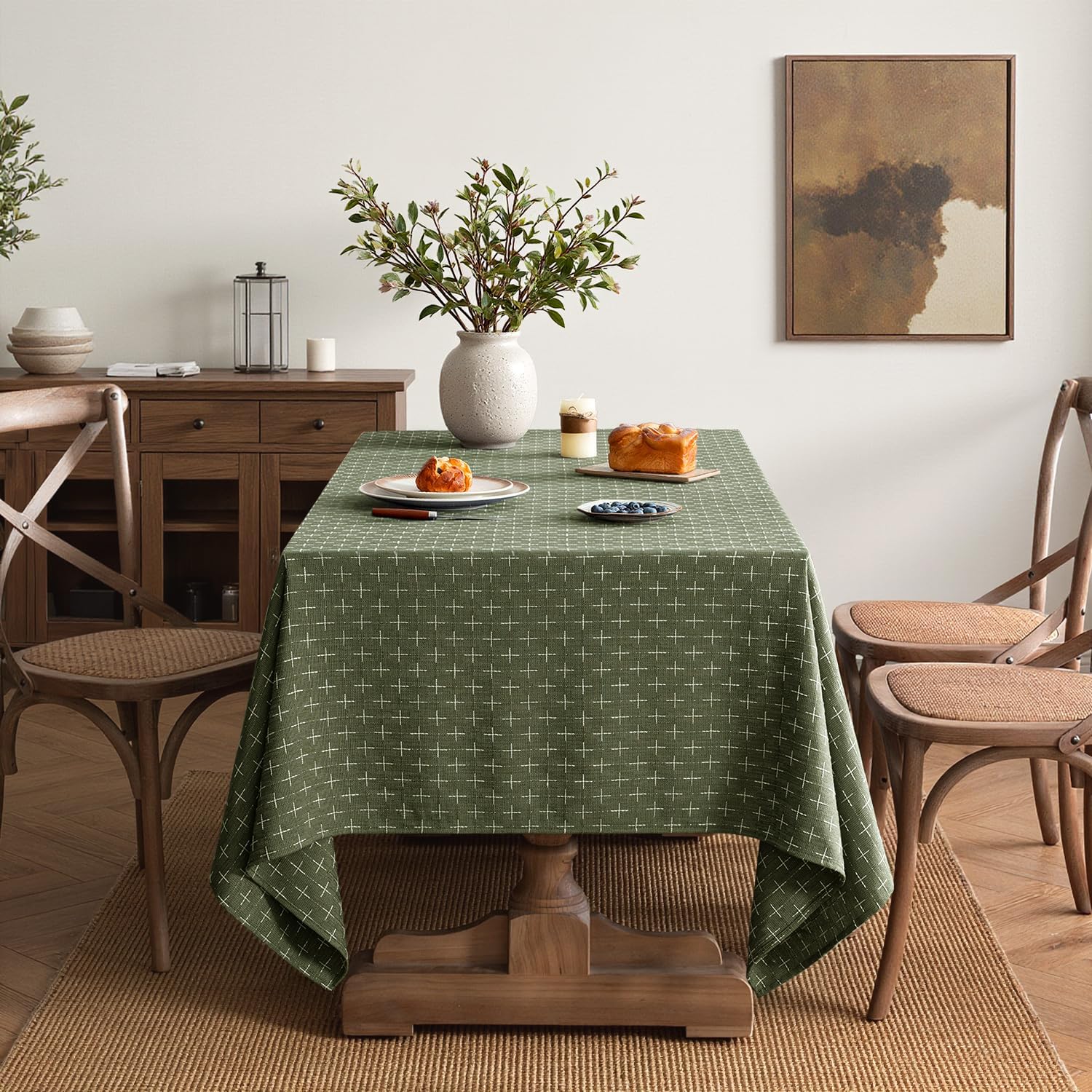 Olive Green Linen Table Cloth Rectangle Tablecloth Waterproof Spring Spillproof Cross-Star Textured Table Cloth, Decorative Rustic Farmhouse Style for Dining/Party/Buffet/Wedding,60x84 Inch