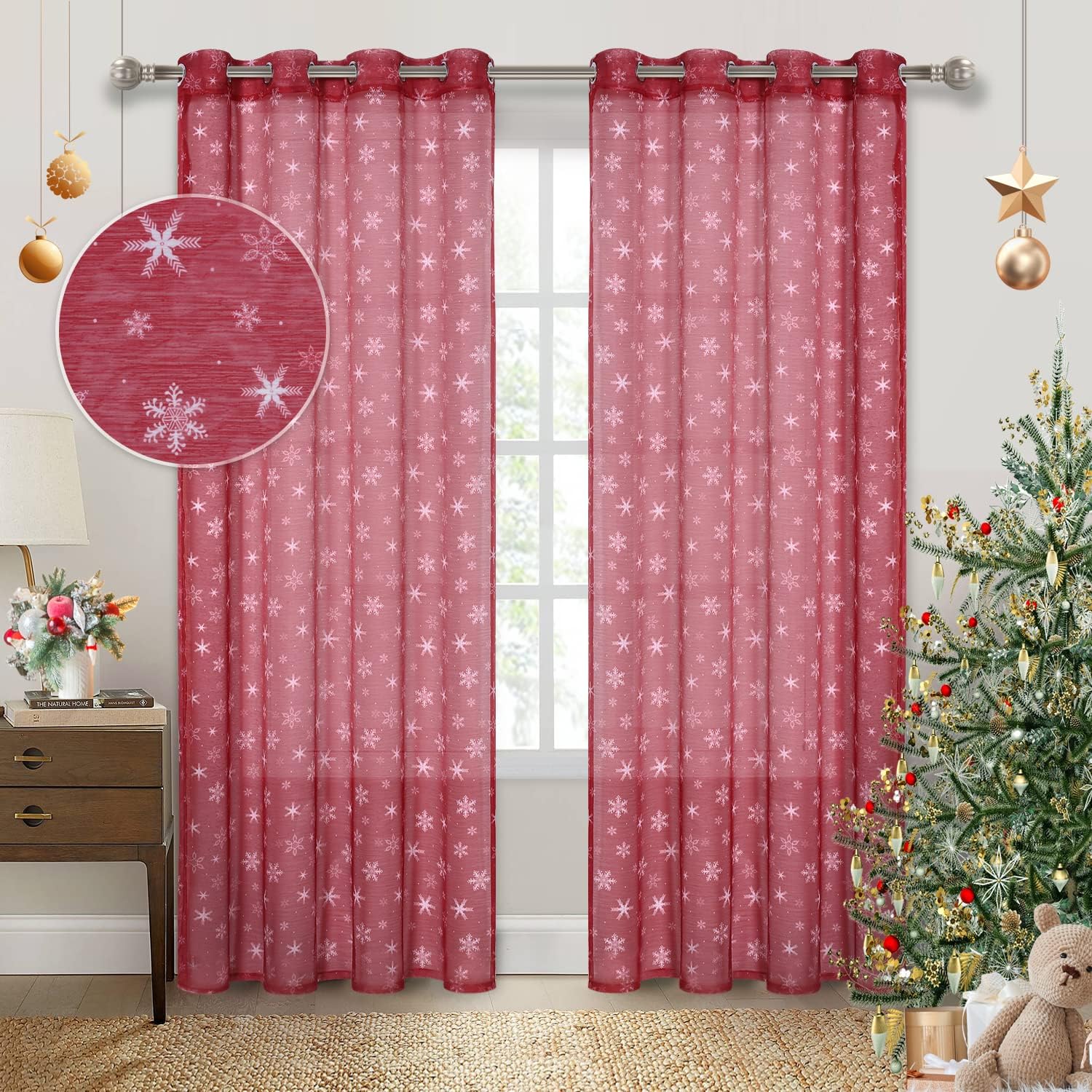 Christmas Sheer Curtains for Living Room Snowflake Christmas Kitchen Sheer Curtains Christmas Decorations Red White Sheer Curtains for Bedroom Window Drapes 52x84