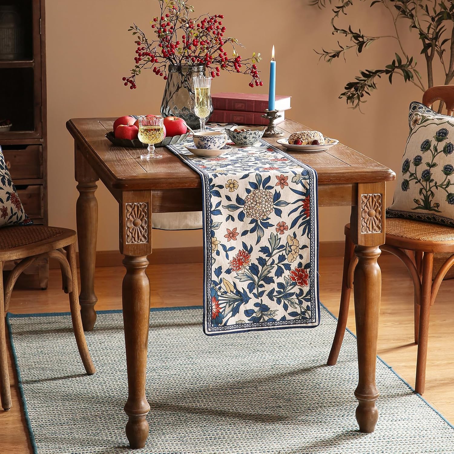 Designer Blue Cottage Rustic Floral Patterned Linen Table Runner 102 Inch Long,Wrinkle Resistant Table Mat,Decoration for Kitchen Dining and Coffee Tables Banquet Christmas ,12"x102"