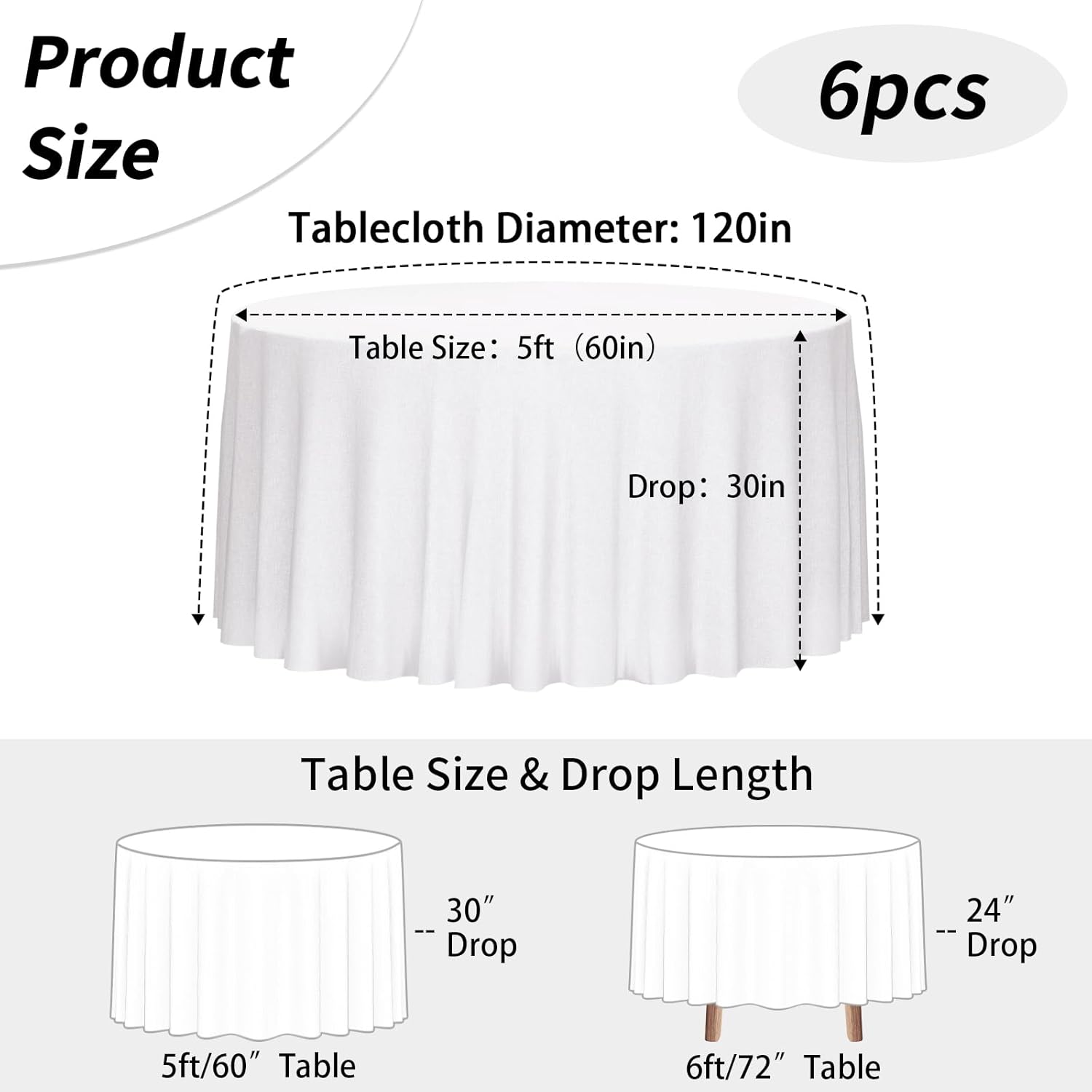 6 Pack White Round Tablecloth, 120 Inch Round Table Cloth Polyester Fabric Washable Table Covers for Wedding, Party, Banquet, Christmas Decorations, Birthday Events