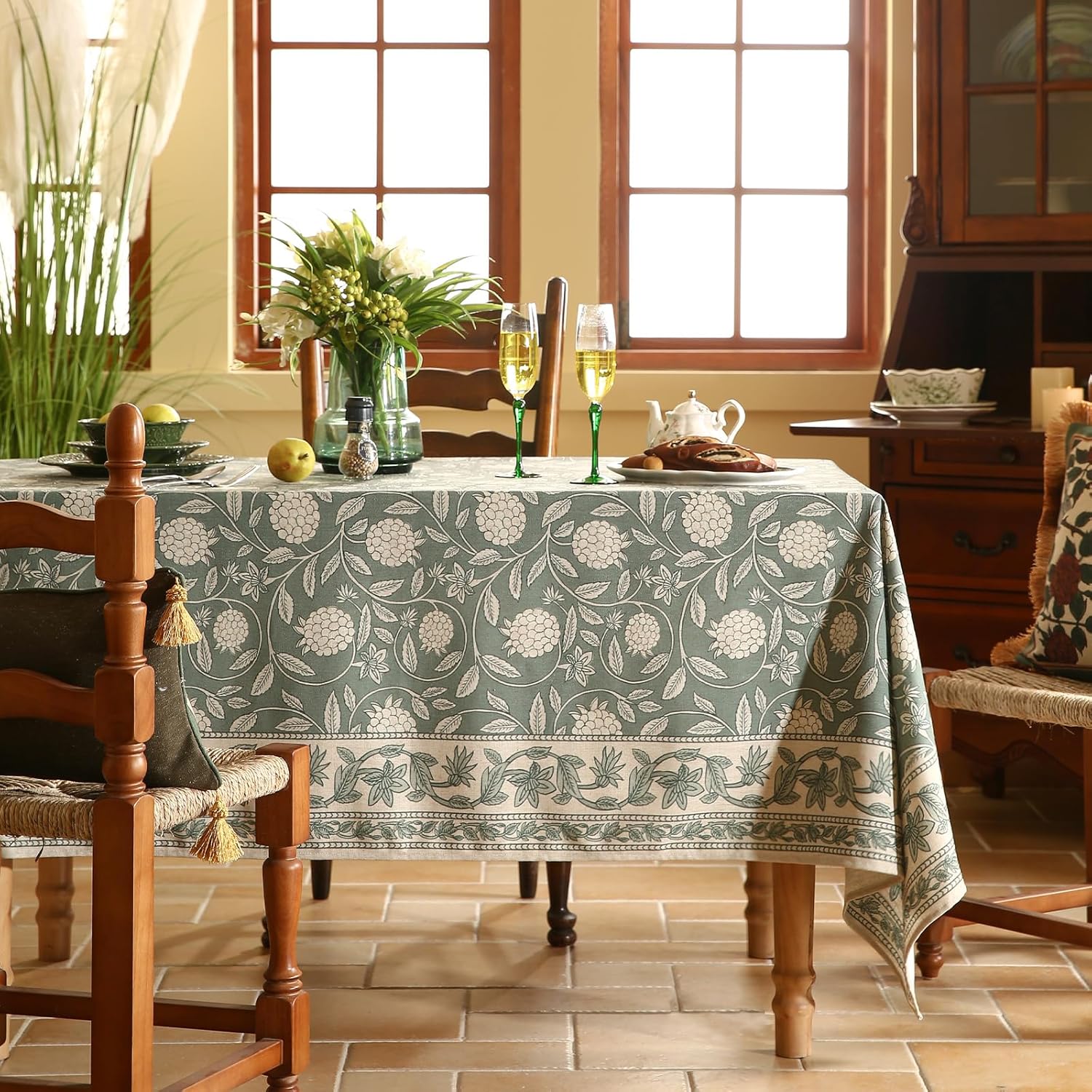 Designer Grayish Green Linen Small Tablecloth Rectangular,Floral Stain Resistant Table Cloth,Fall Vintage Decor Tablecloths for Dining Thanksgiving Kitchen Party,55"*71"-Andrew A