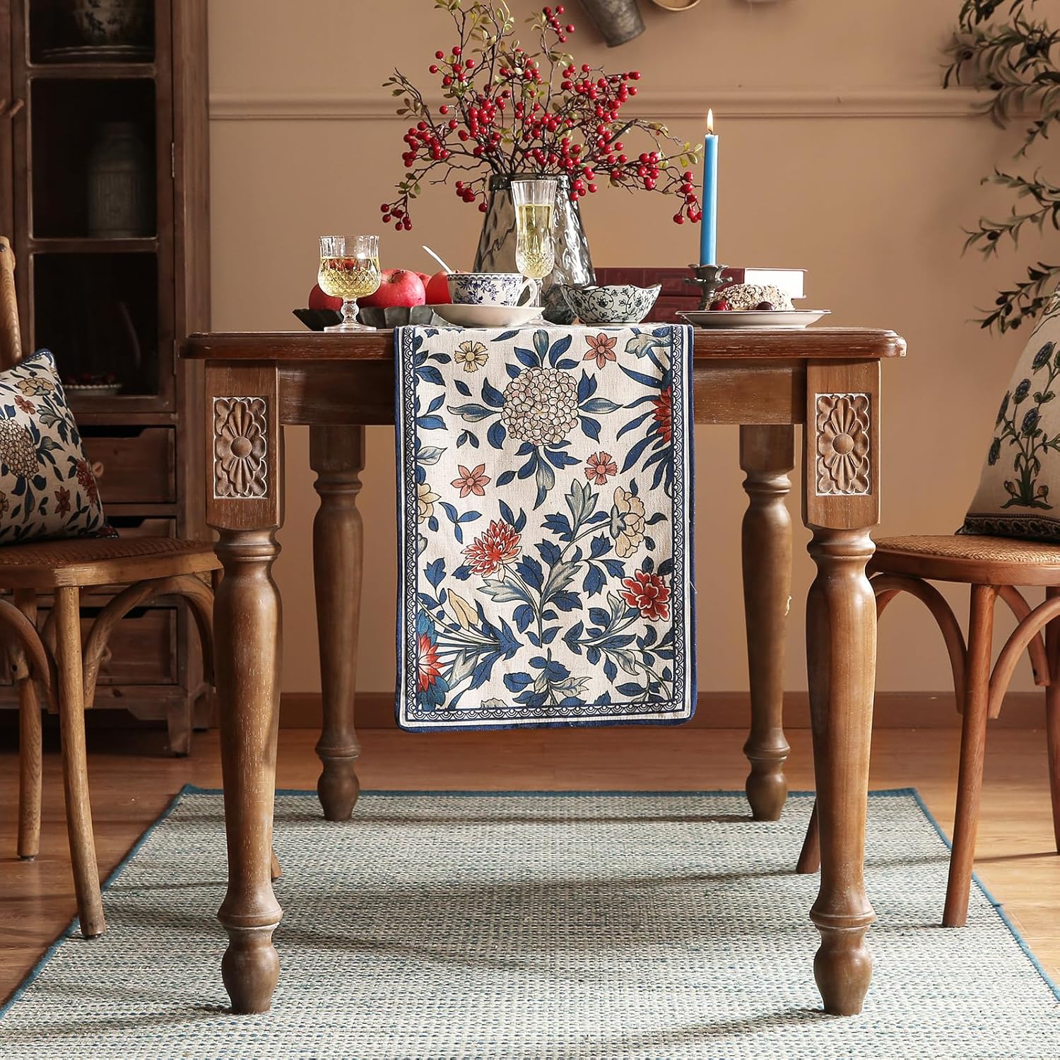 Designer Blue Cottage Rustic Floral Patterned Linen Table Runner 102 Inch Long,Wrinkle Resistant Table Mat,Decoration for Kitchen Dining and Coffee Tables Banquet Christmas ,12"x102"