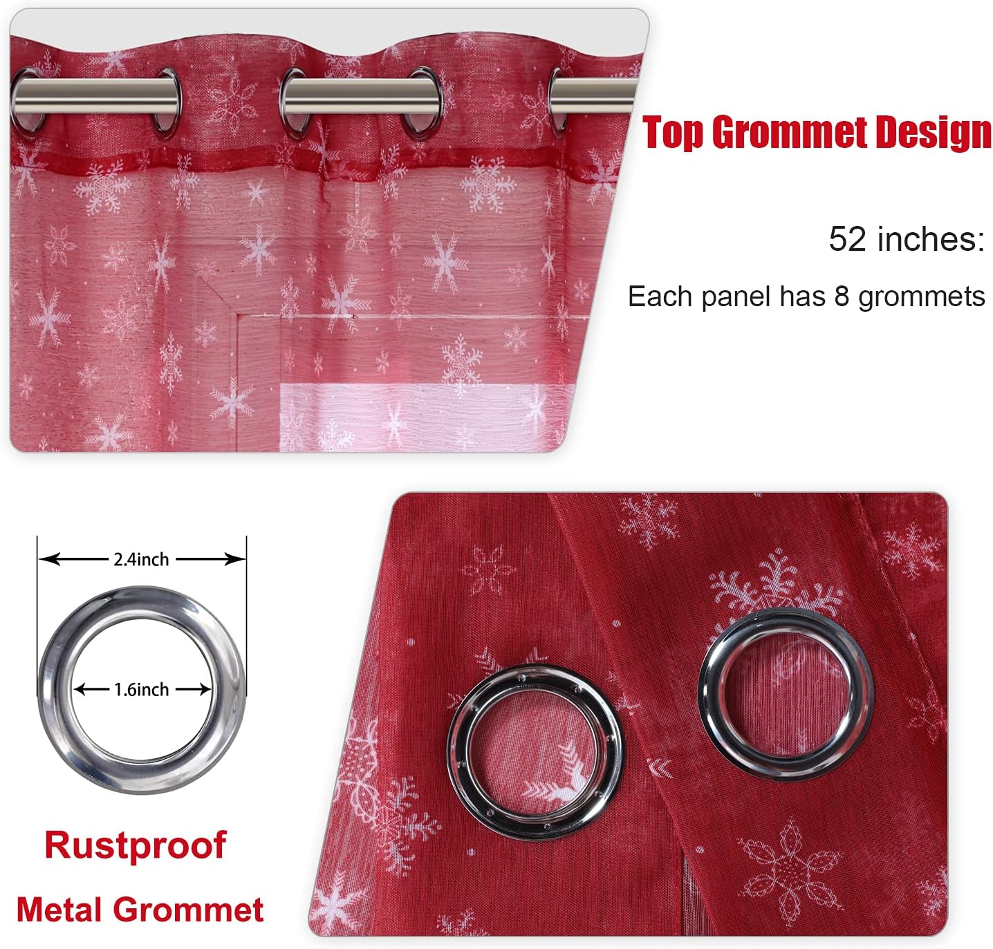 Christmas Sheer Curtains for Living Room Snowflake Christmas Kitchen Sheer Curtains Christmas Decorations Red White Sheer Curtains for Bedroom Window Drapes 52x84