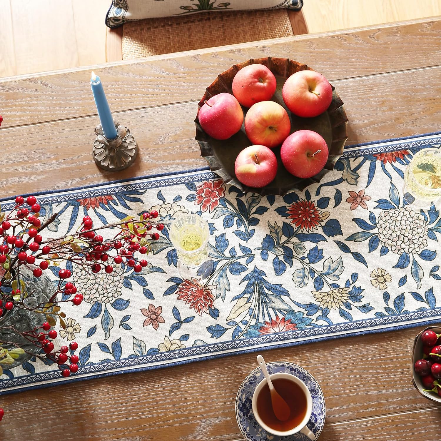 Designer Blue Cottage Rustic Floral Patterned Linen Table Runner 102 Inch Long,Wrinkle Resistant Table Mat,Decoration for Kitchen Dining and Coffee Tables Banquet Christmas ,12"x102"