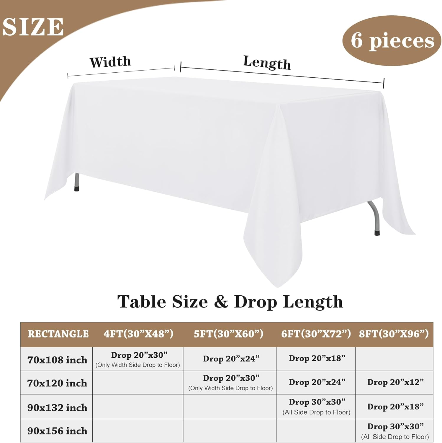 White Tablecloths for Rectangle Tables, 6 Pack - 70 x 120 Inches - Reusable and Washable Table Clothes for 6-8 Ft Tables, Polyester Fabric Table Covers for Wedding, Party, Banquet