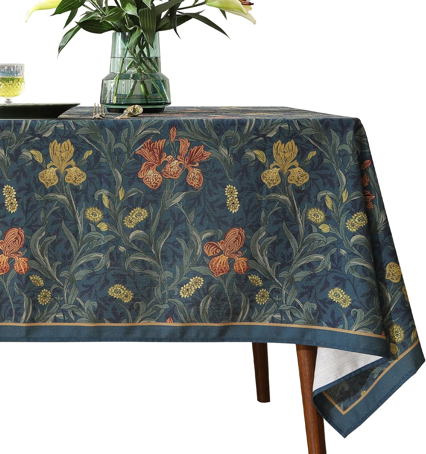 Designer Dark Blue Linen Rectangle Tablecloth,Vintage French Rustic Floral Pattern Tablecloths,Decorative Table Cover Cloth for Kitchen,Dining,Tea Party,Home,Christmas,55"*71"