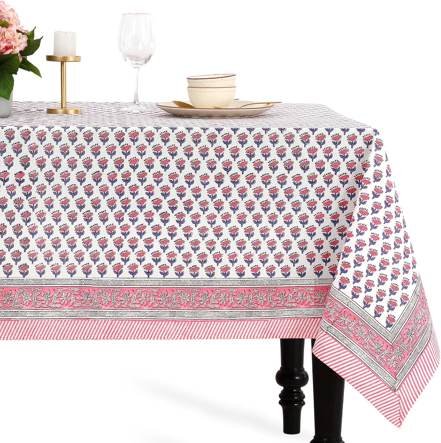 Tablecloth 100% Cotton 60x60 Inch Indian Block Print Square Table Cover, Table Cloth for Weddings, Spring/Summer, Barbeque - Pink Sapphire