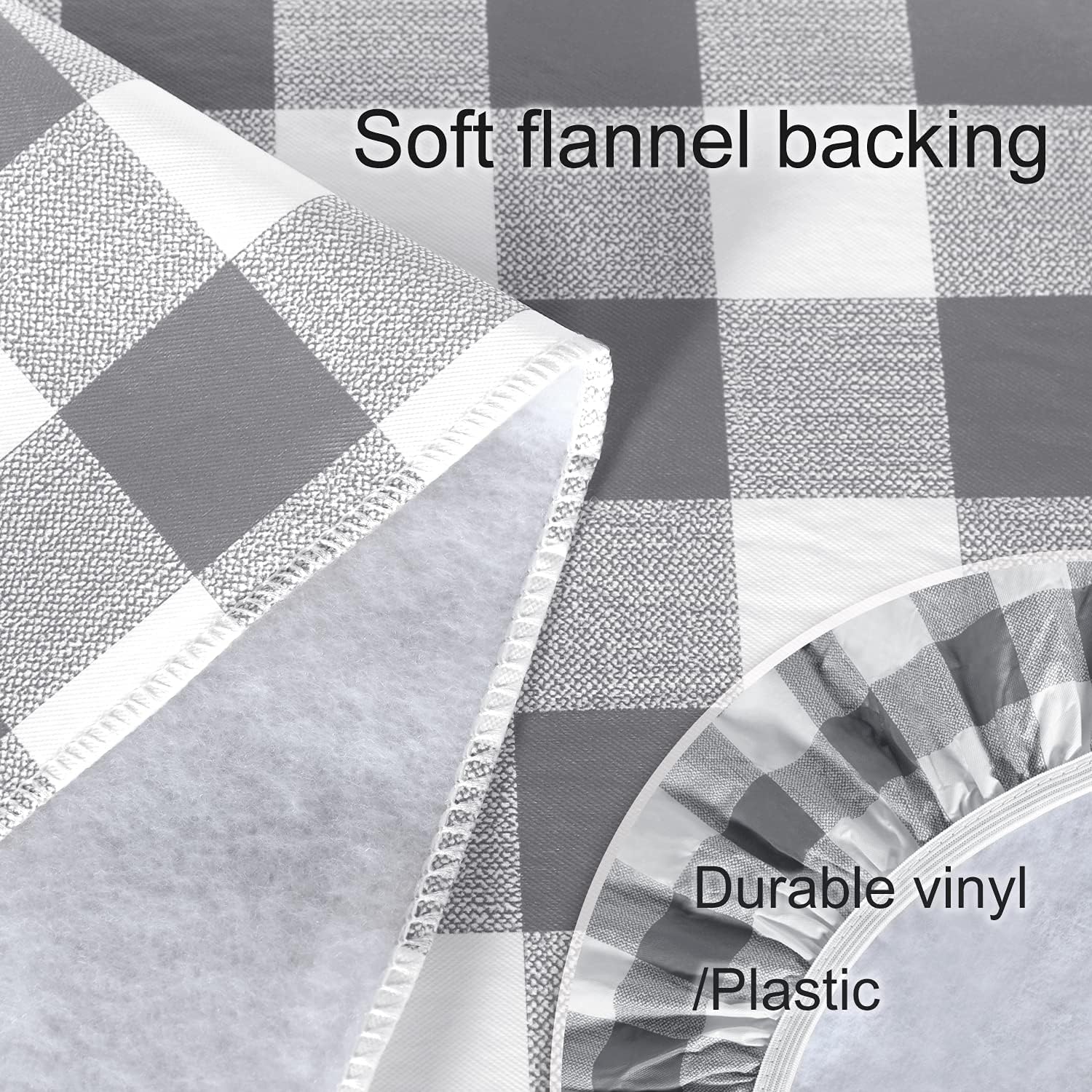 Checkered Picnic Table Cover Waterproof Outdoor Table Cover with Bench Covers 3pcs, Vinyl Fitted Flannel Backing Tablecloth 30"x72" for Picnics, Party, Folding Table, Silver Grey