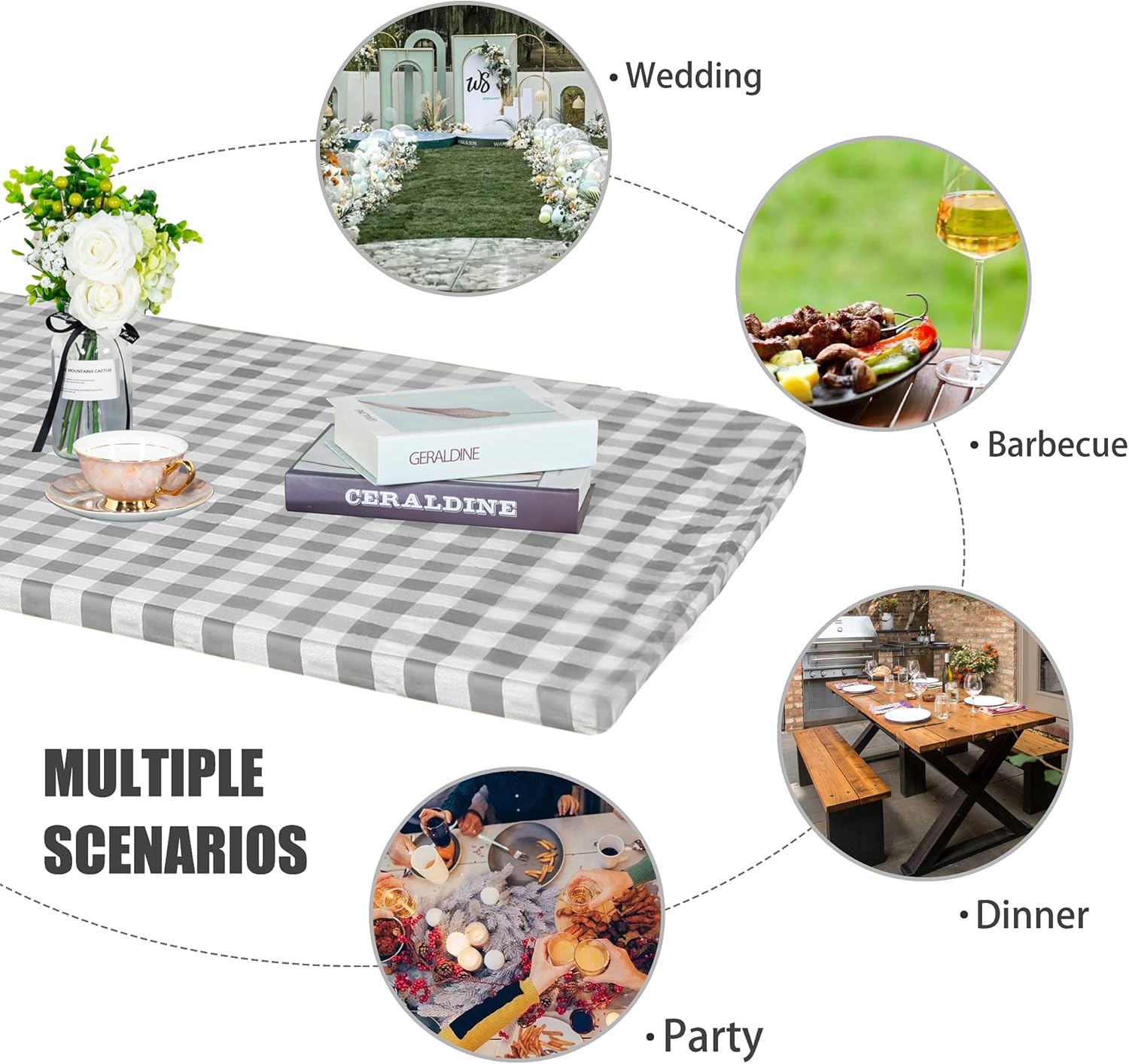 Checkered Picnic Table Cover Waterproof Outdoor Table Cover with Bench Covers 3pcs, Vinyl Fitted Flannel Backing Tablecloth 30"x72" for Picnics, Party, Folding Table, Silver Grey