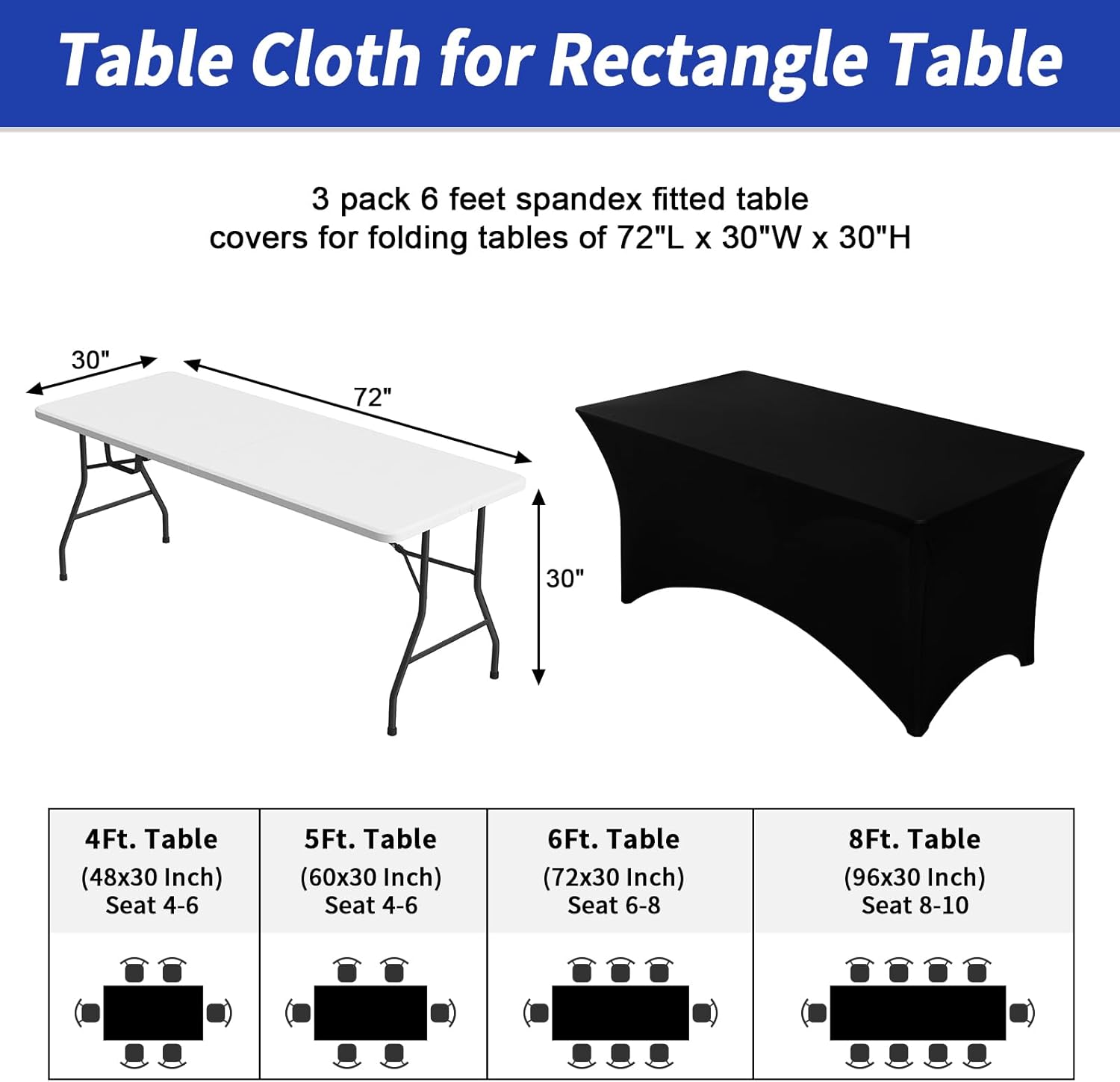 3 Pack Black Table Cloth for 6FT Rectangle Tables, Rectangular Tablecloths Stretch Spandex Fitted Table Covers 6FT for Parties, Trade Shows, Banquet, Weddings, Buffet, Graduation Decorations
