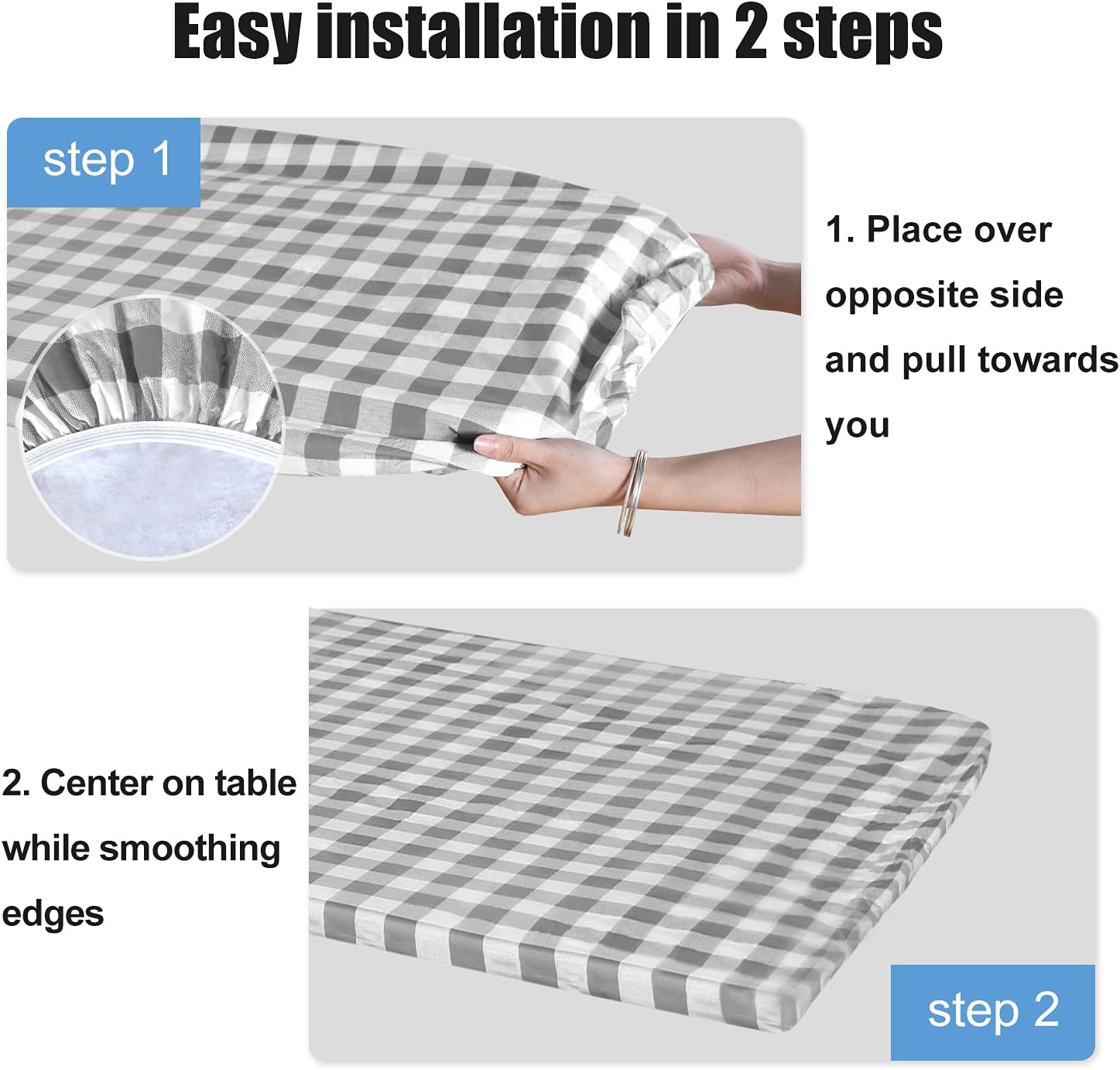 Checkered Picnic Table Cover Waterproof Outdoor Table Cover with Bench Covers 3pcs, Vinyl Fitted Flannel Backing Tablecloth 30"x72" for Picnics, Party, Folding Table, Silver Grey