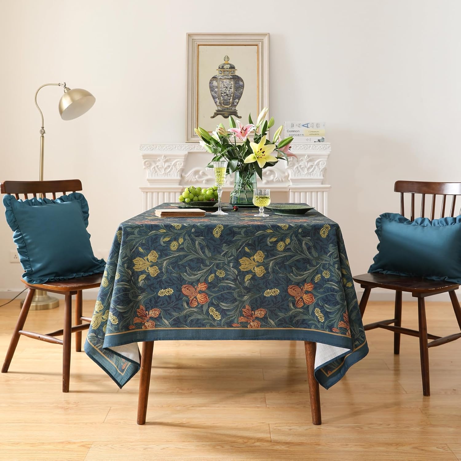 Designer Dark Blue Linen Rectangle Tablecloth,Vintage French Rustic Floral Pattern Tablecloths,Decorative Table Cover Cloth for Kitchen,Dining,Tea Party,Home,Christmas,55"*71"