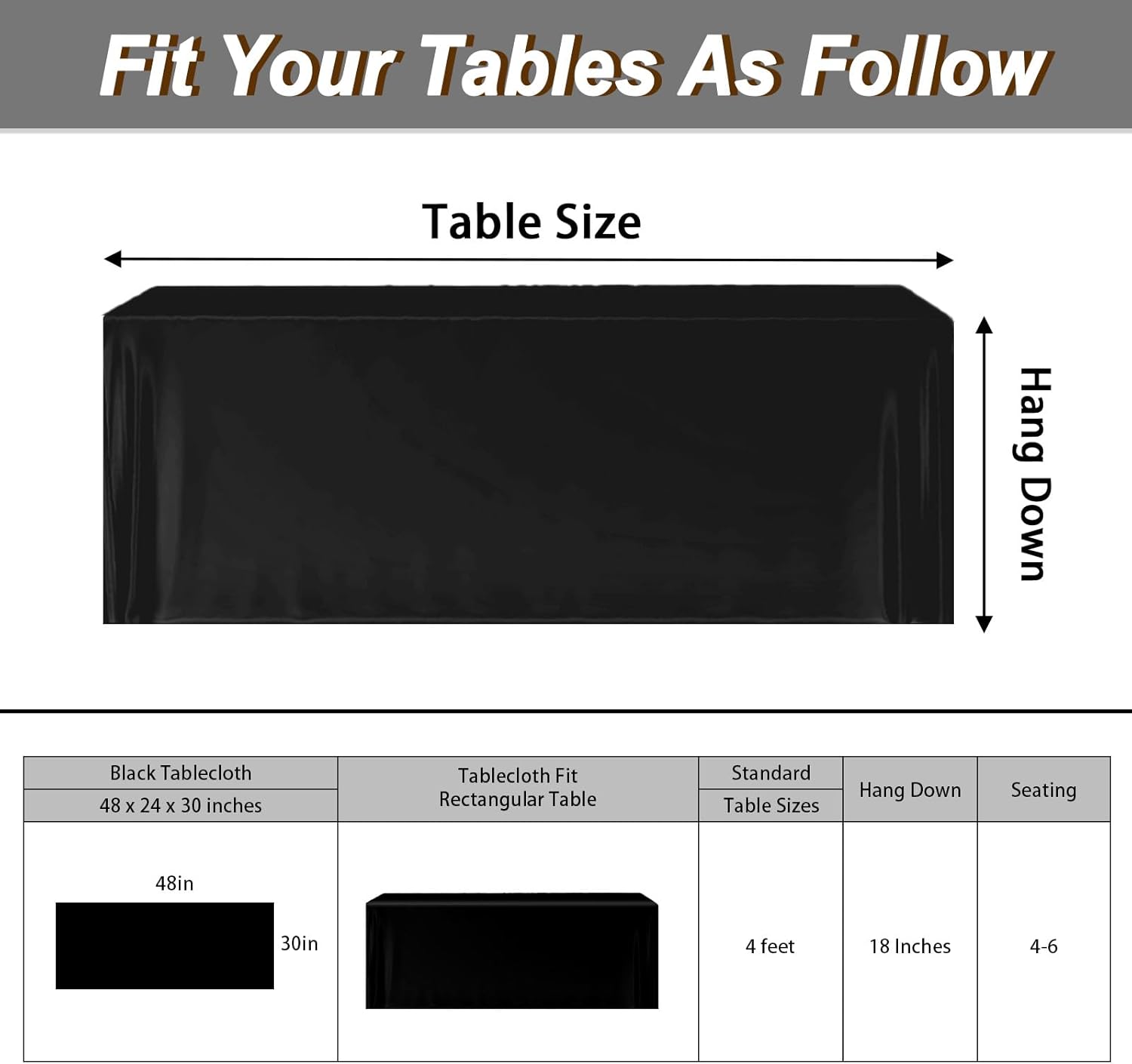 Table Covers, 2 Pack 4FT Table Cover Fitted, Black Table Cover Protector for Folding Table, 48 x 24 Inch Fitted Tablecloth for 4 Foot Tables