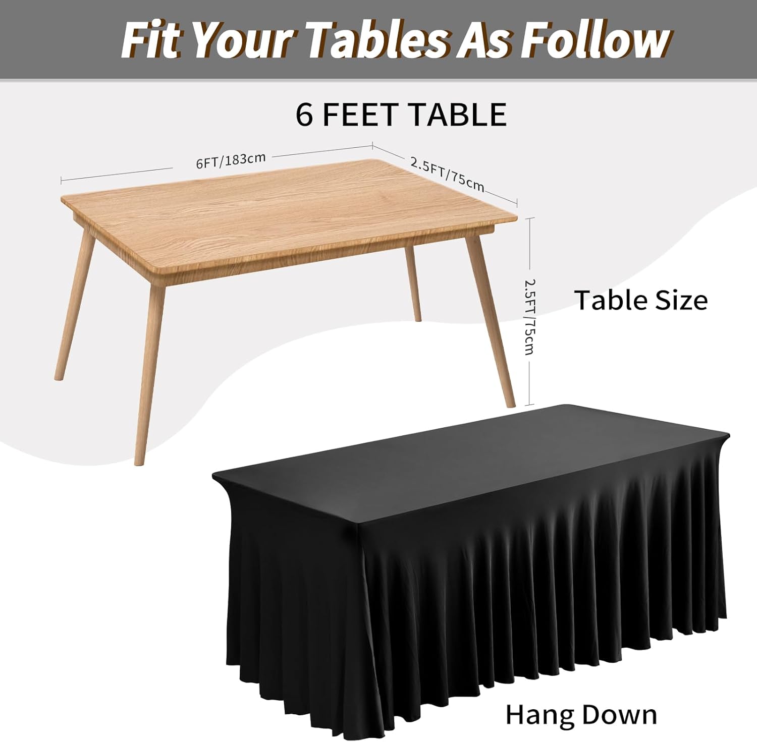 Black Spandex Tablecloth for Rectangle Table 6ft, Table Skirt for Folding Table, Table Cover for Party, Show, Wedding and Birthday