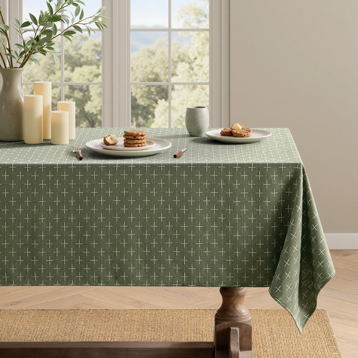 Olive Green Linen Table Cloth Rectangle Tablecloth Waterproof Spring Spillproof Cross-Star Textured Table Cloth, Decorative Rustic Farmhouse Style for Dining/Party/Buffet/Wedding,60x84 Inch