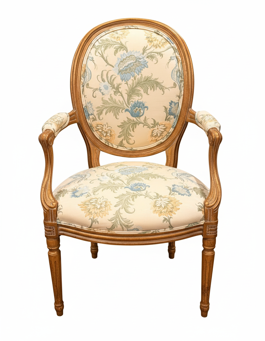 Vintage Louis XVI Style Oval Back Armchair with Floral Tapestry Upholstery