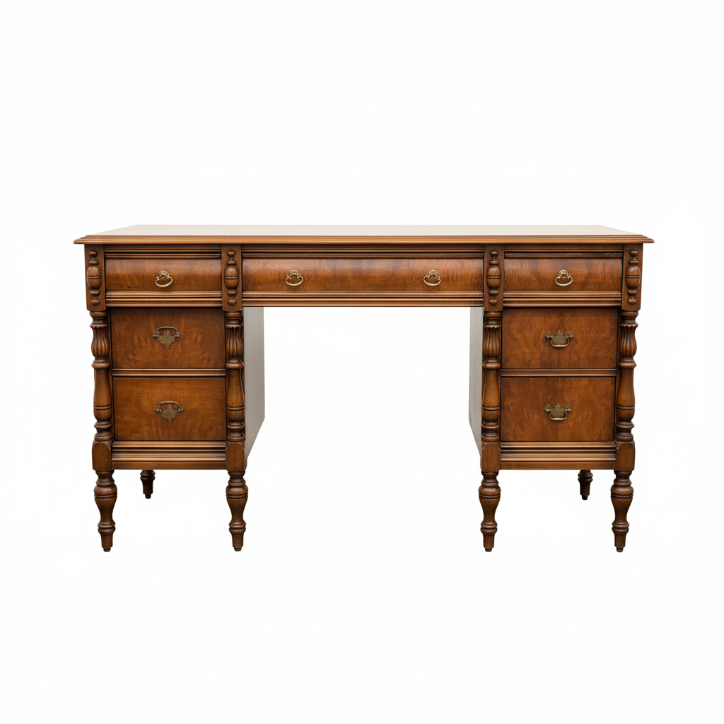 Antique Federal Style Mahogany Kneehole Desk with Fluted Columns and Brass Hardware