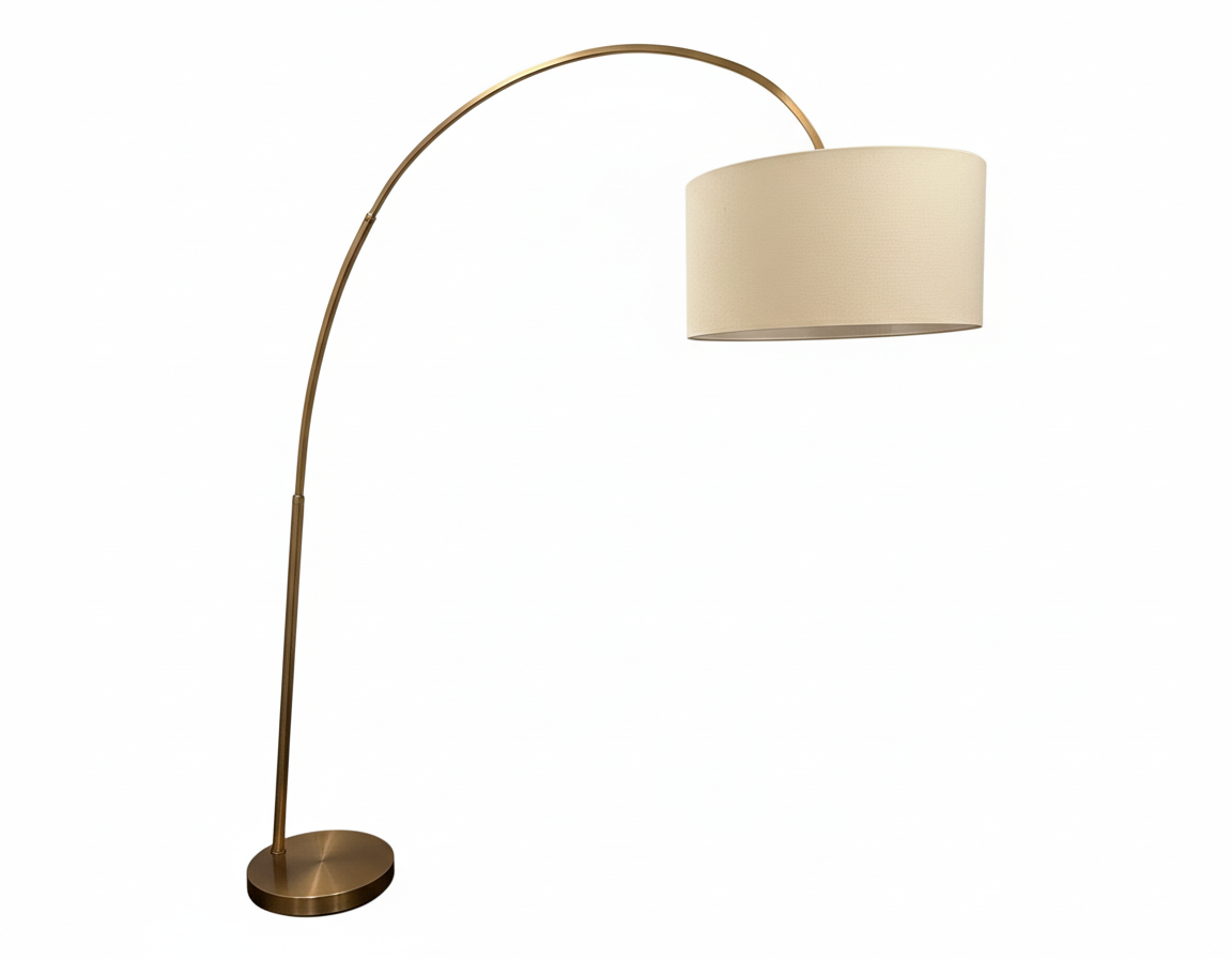 West Elm Modern Brushed Brass Arc Floor Lamp with Cream Drum Shade