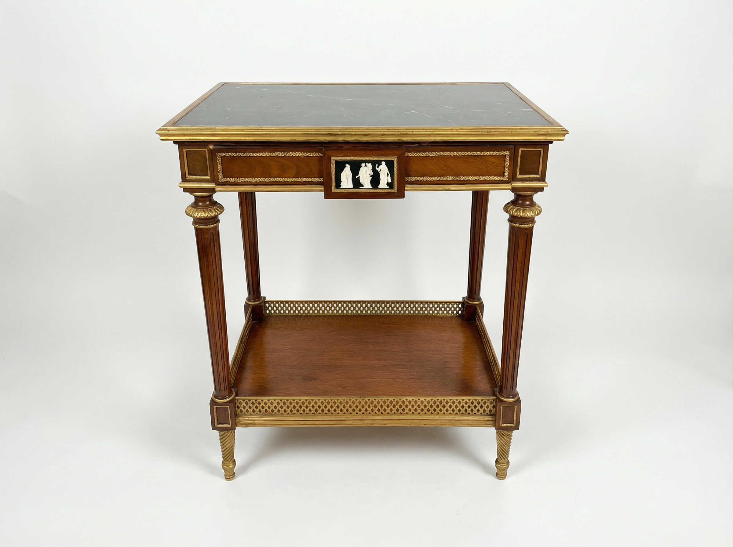 Antique-Style Louis XVI Two-Tier Side Table with Marble Top and Jasperware Plaque