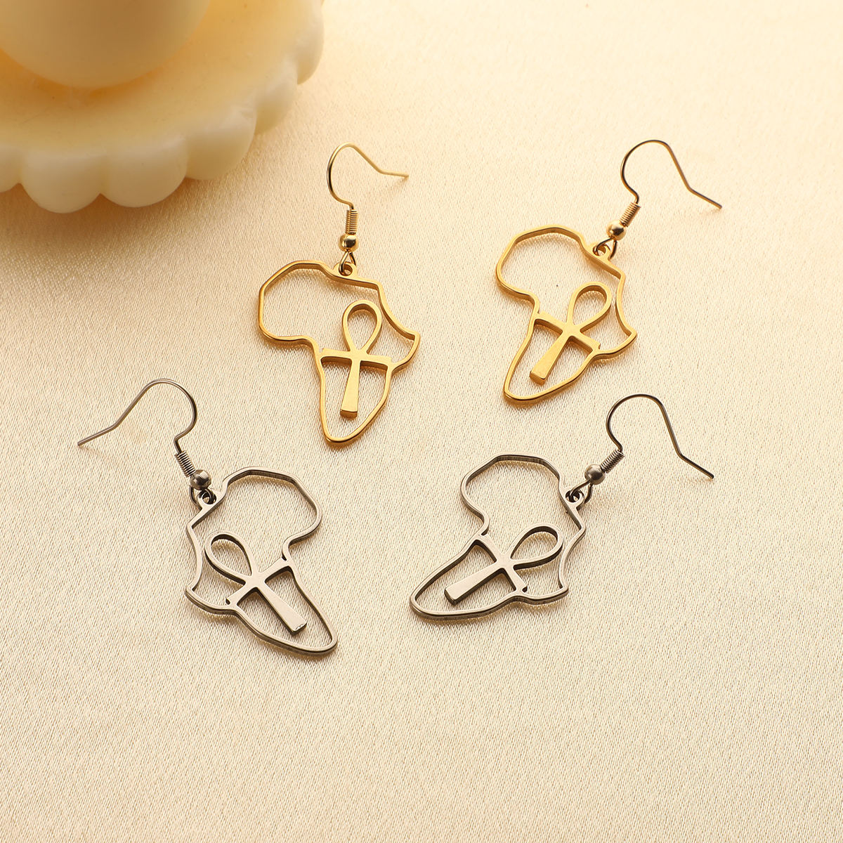 Africa Map Ankh Drop Earrings