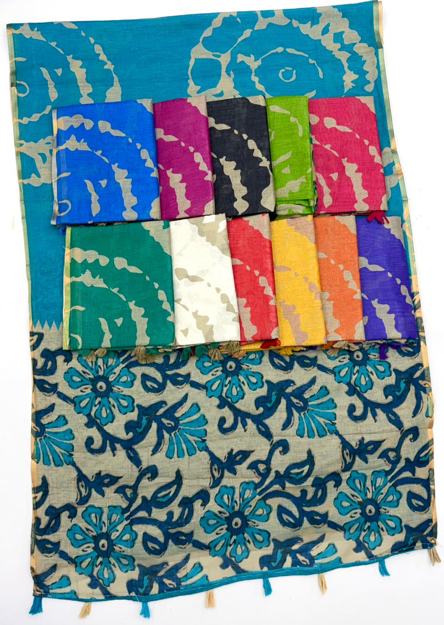 Soft cotton based Linen with Zari border & Fancy Tassels