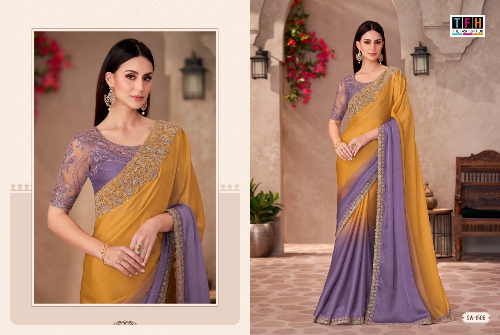 Elegant Yellow-Purple Designer Saree