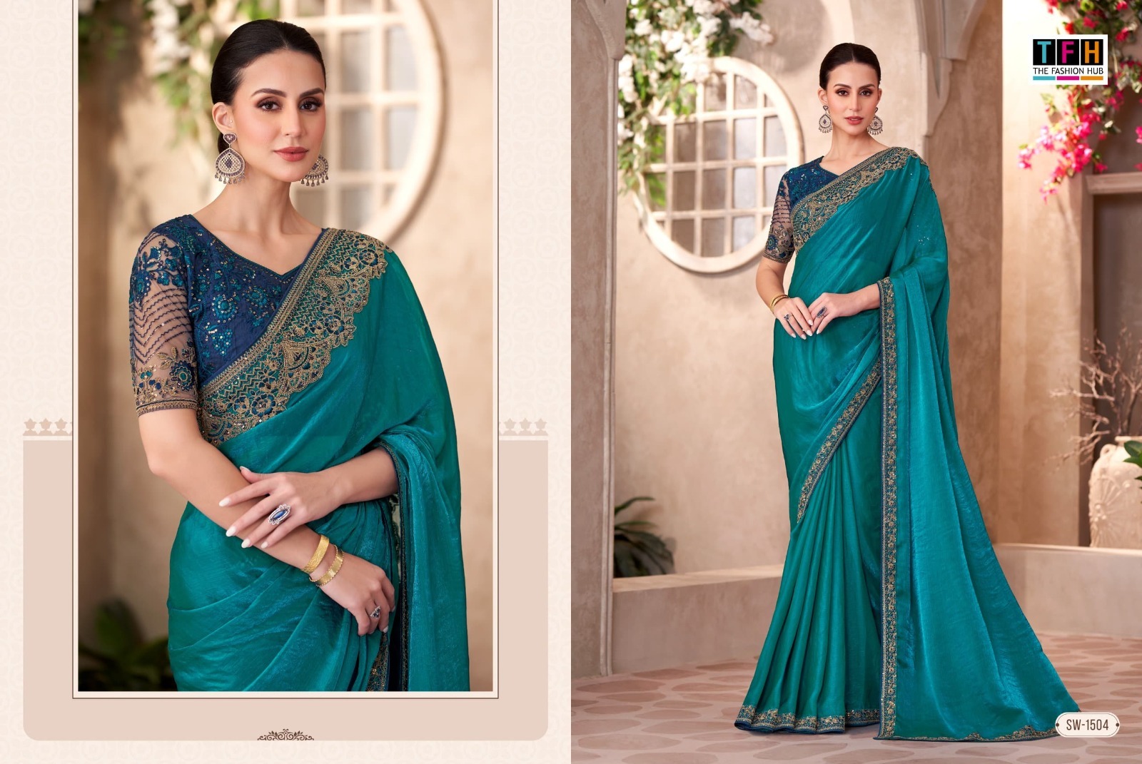Elegant Teal Embroidered Saree