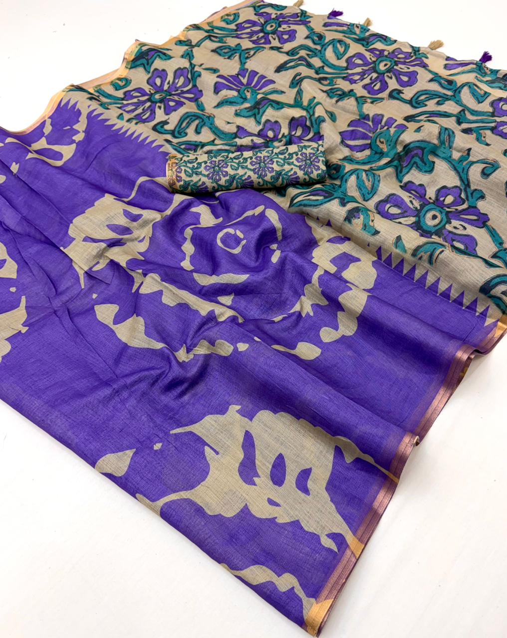 Soft cotton based Linen with Zari border & Fancy Tassels