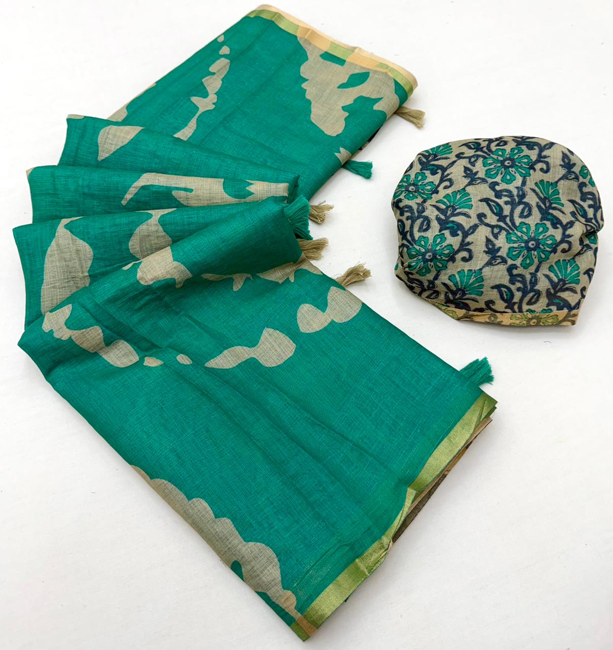 Soft cotton based Linen with Zari border & Fancy Tassels