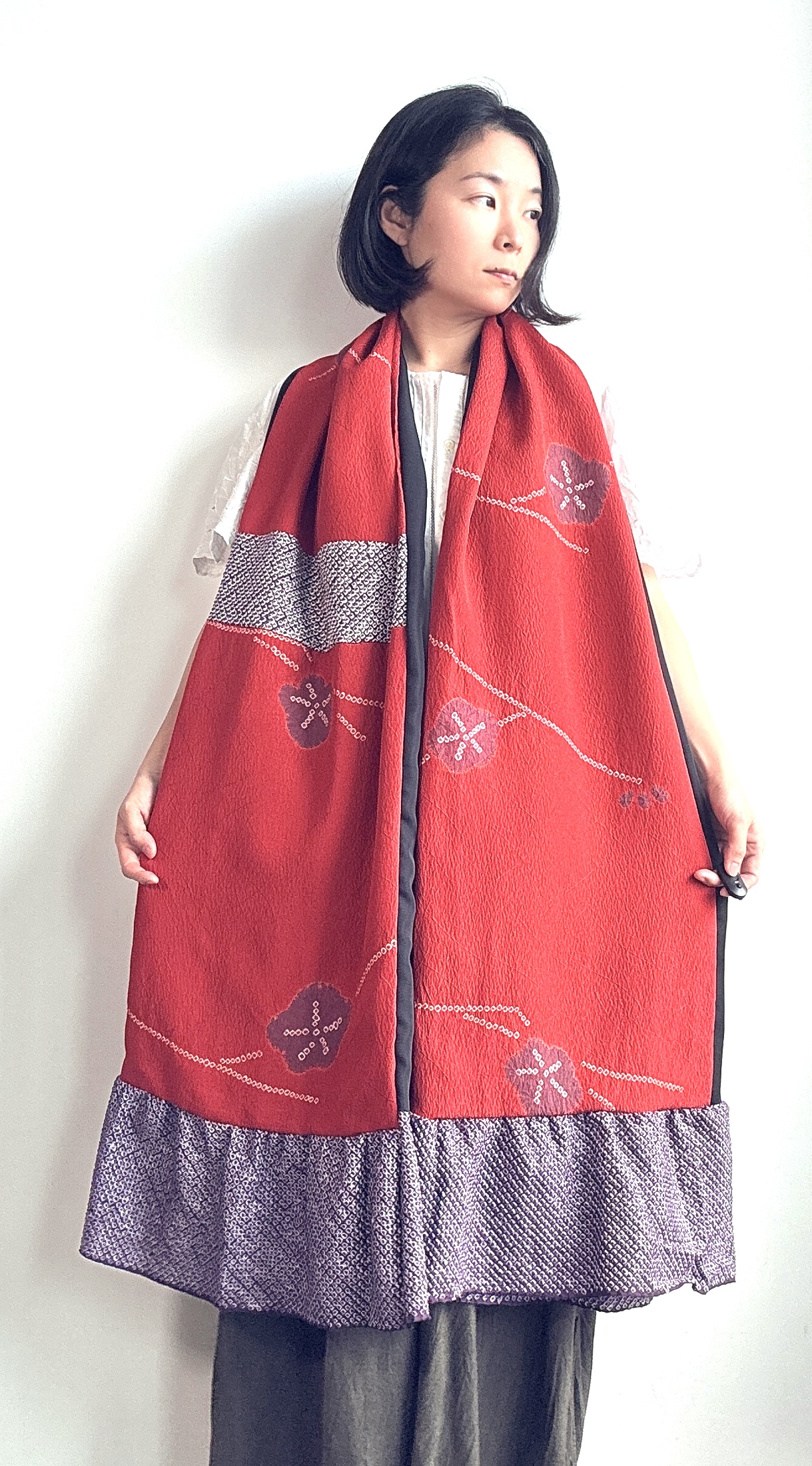 Red Kimono silk Scarf Coat