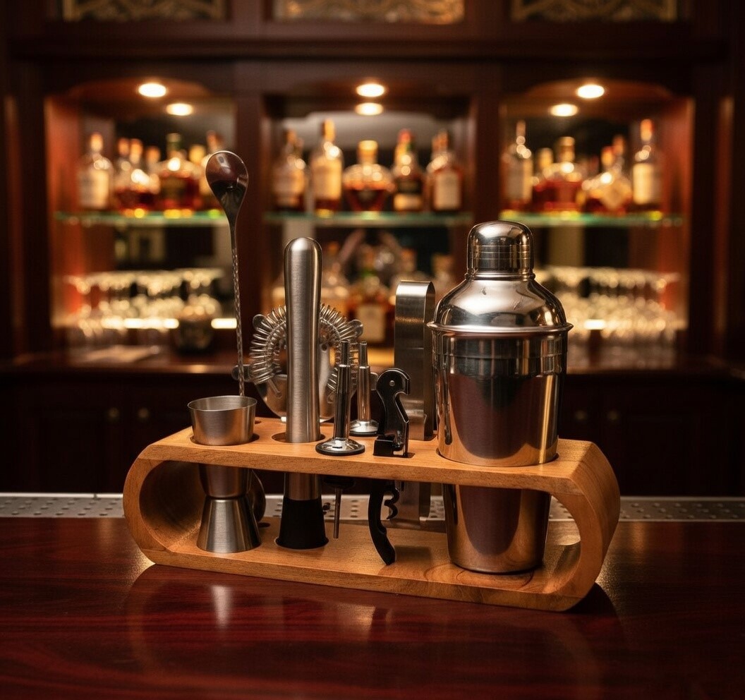 Bar Tool Set with Wooden Stand