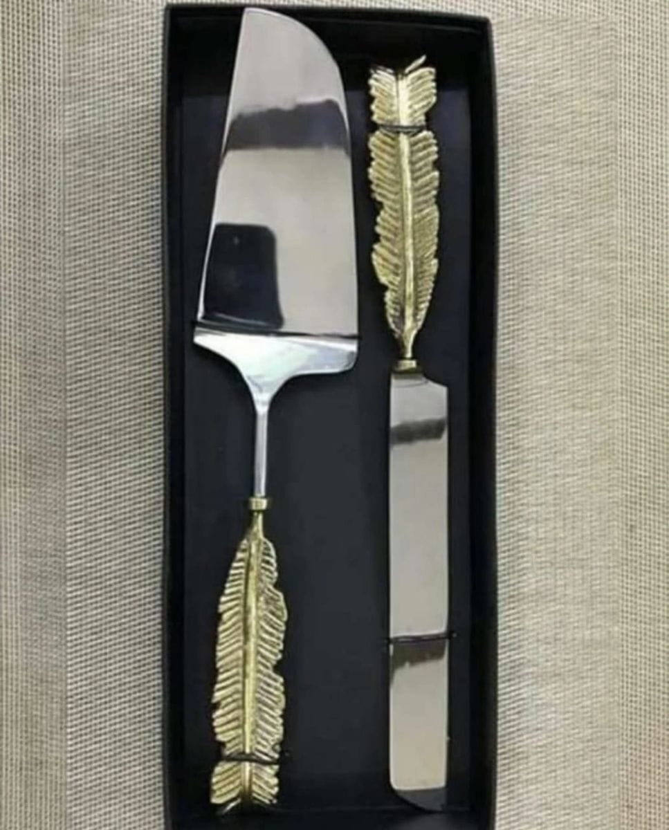 Gold Feather Cake & knife Spatula