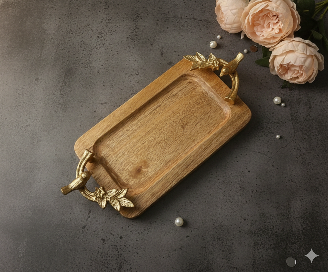 Wooden Serving Tray with Golden Bird Handles