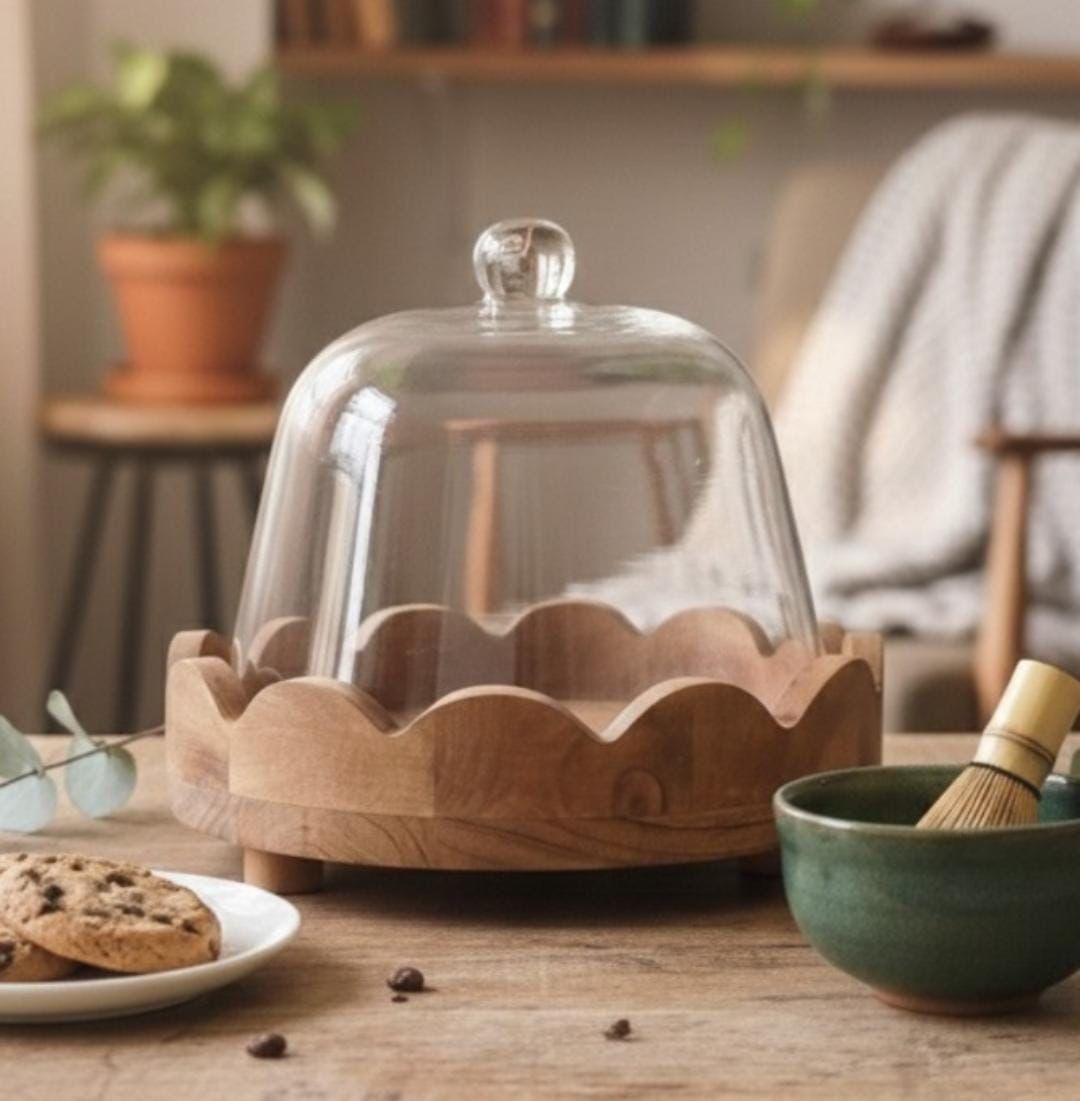 Cake dome with wooden base.
