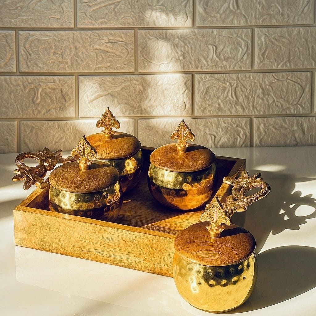 Wooden Tray with Golden jars